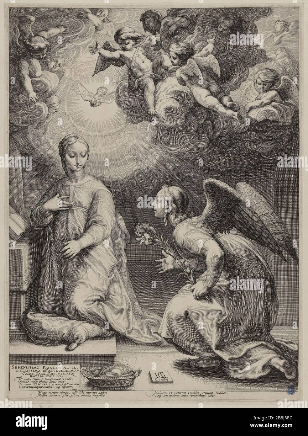 L'Annonciation (Bartsch 15) Hendrik Goltzius (1561-1641). "L'Annonciation (Bartsch 15)". Burin. 1594. Musée des Beaux-Arts de la Ville de Paris, Petit Palais. Stockfoto