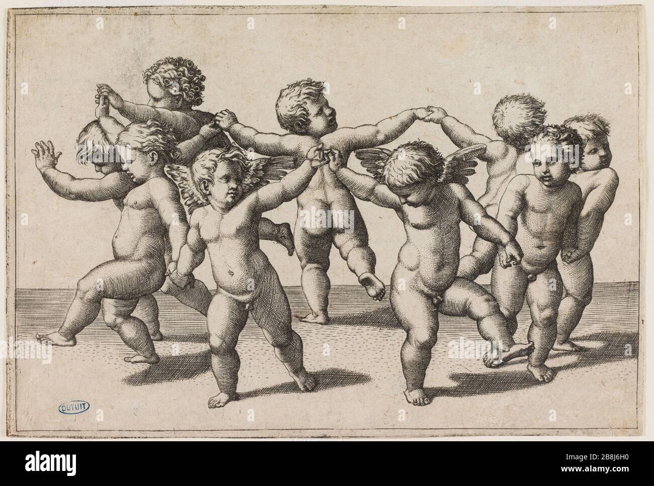 Tanzliebling (Bartsch 217) Marc Antoine Raimondi (1480-vers1534). Danse d'Amours (Bartsch 217). Eau-forte, Burin. XVIème siècle. Musée des Beaux-Arts de la Ville de Paris, Petit Palais. Stockfoto