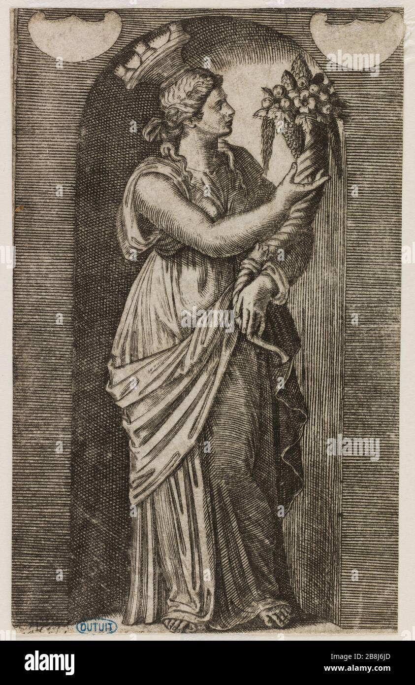 Apollo, Minerva, die Musen und fünf weitere Figuren aus Raphael, einer anderen jungen Frau. Dreizehnte Nummer einer Folge von 16 Stück (Bartsch 275) Marc Antoine Raimondi (1480-vers1534). Apollon, Minerve, les Muses et cinq autres figures d'après Raphaël, Autre jeune femme. Treizième numéro d'une Suite de 16 pièces (Bartsch 275). Eau-forte, Burin. XVIème siècle. Musée des Beaux-Arts de la Ville de Paris, Petit Palais. Stockfoto
