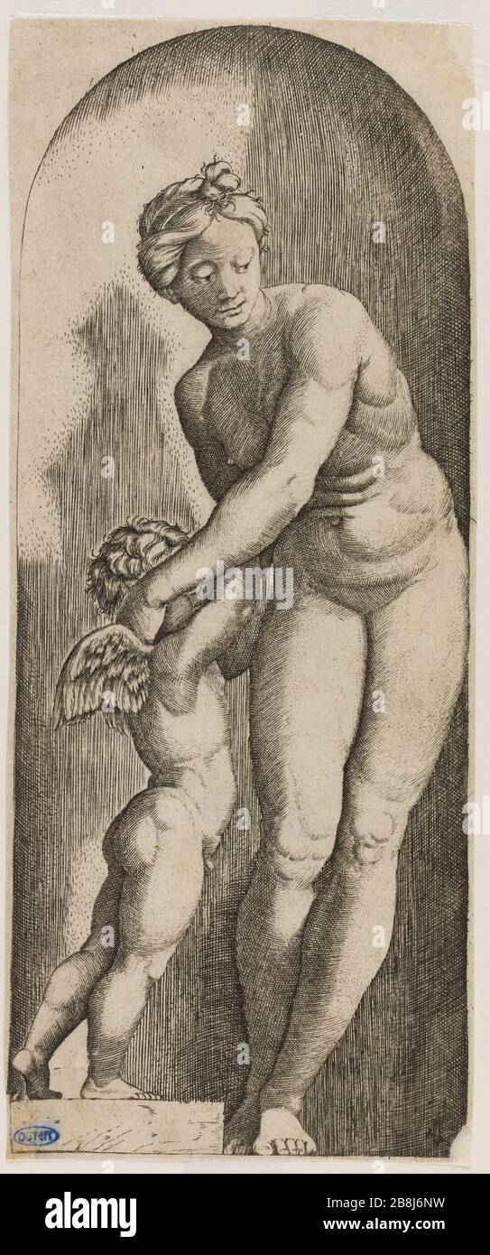 Venus und Liebe nach Raphael (Bartsch 311) Marc Antoine Raimondi (1480-vers1534). Vénus et l'Amour d'après Raphaël (Bartsch 311). Eau-forte, Burin. XVIème siècle. Musée des Beaux-Arts de la Ville de Paris, Petit Palais. Stockfoto