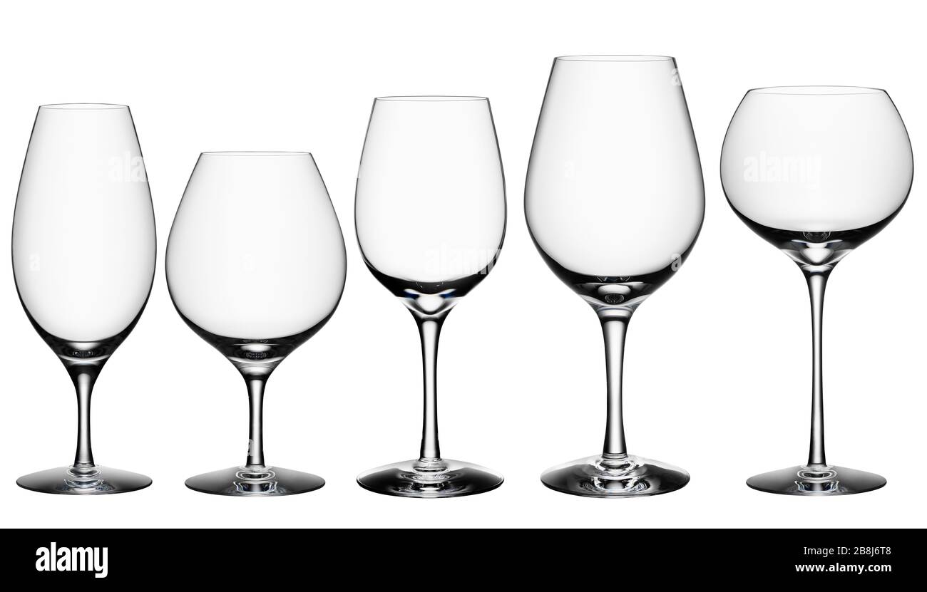 Cocktail Glas Kollektion - Weingläser auf weißem Hintergrund mit Freistellungspfad isoliert. Stockfoto