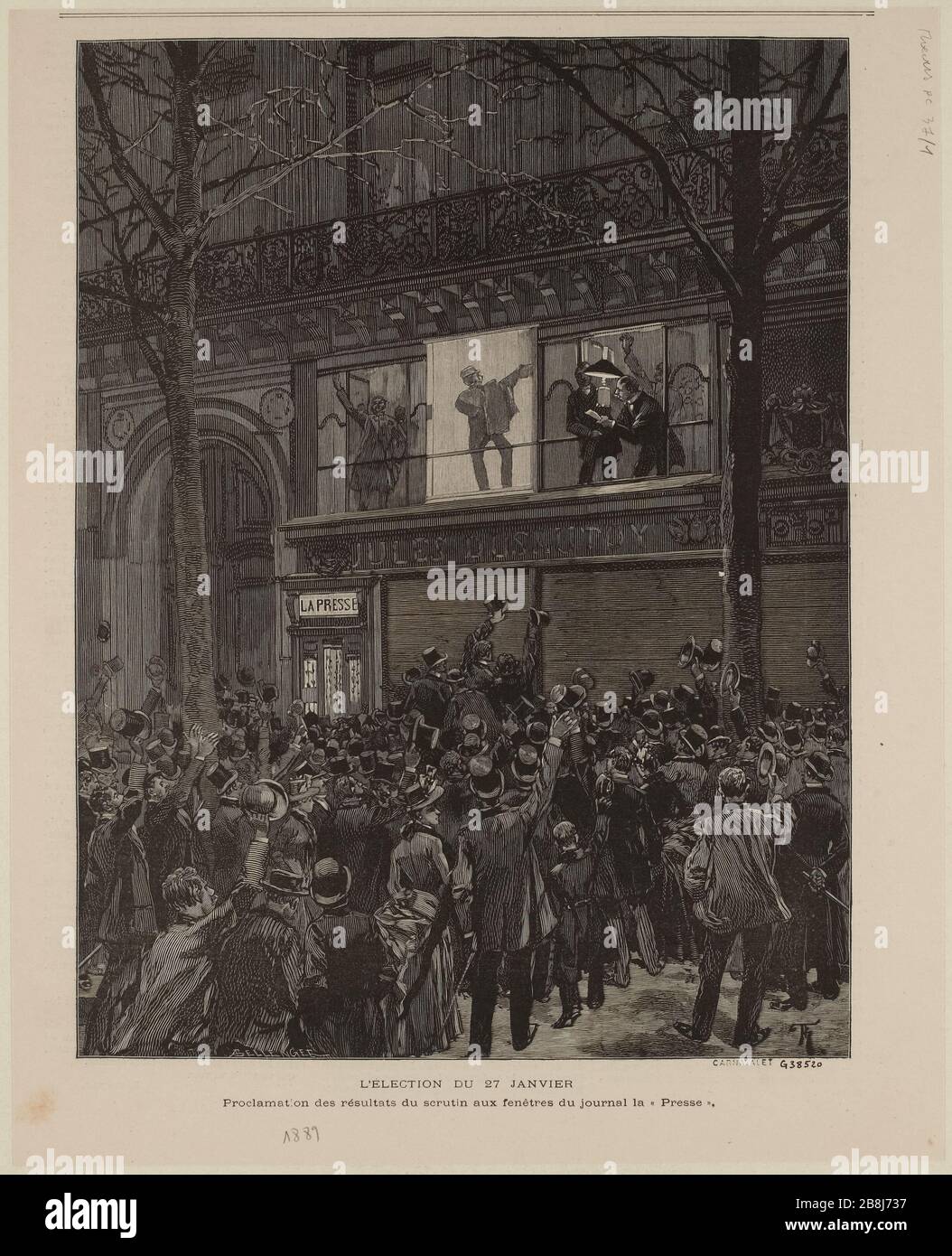 Die Wahl vom 27. Januar [1889]. Ereignisergebnisse Proklamation zu Protokollfenstern Drücken Sie. Stockfoto
