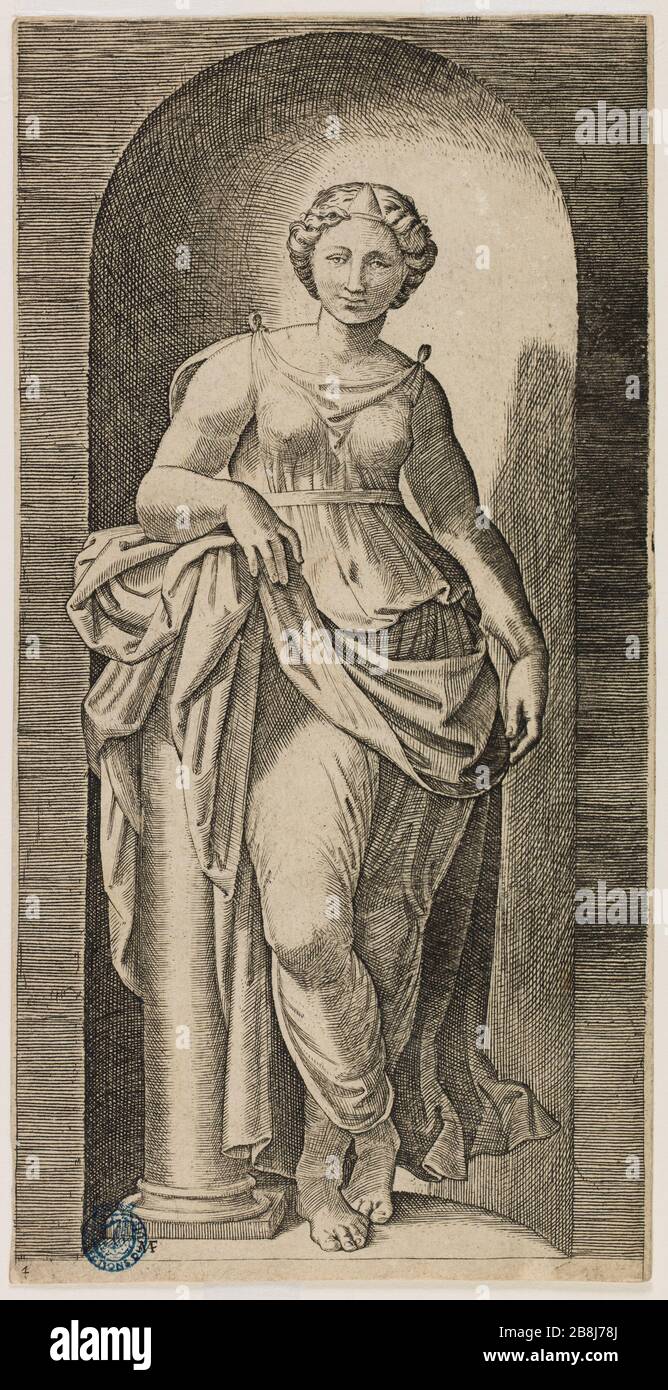 Tugenden nach Raphael, der Kraft. Vierte Nummer einer Sequenz von 7 Teilen (389 Bartsch) Marc Antoine Raimondi (1480-vers1534). Les Vertus d'après Raphaël, La Force. quatrième numéro d'une Suite de 7 pièces (Bartsch 389). Eau-forte, Burin. XVIème siècle. Musée des Beaux-Arts de la Ville de Paris, Petit Palais. Stockfoto