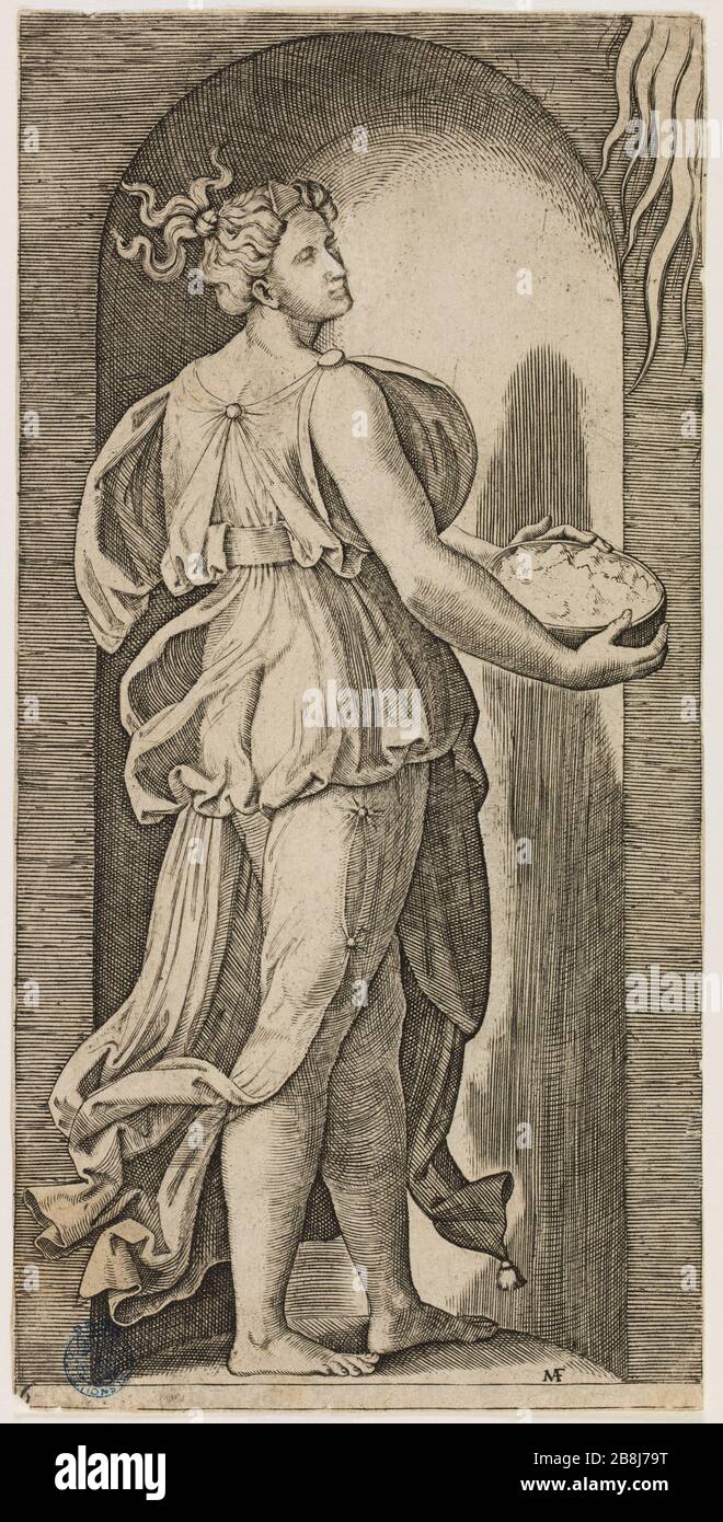 Tugenden nach Raphael, die Hoffnung. Sechste Nummer einer Sequenz von 7 Teilen (Bartsch 391) Marc Antoine Raimondi (1480-vers1534). Les Vertus d'après Raphaël, L'Espérance. sixième numéro d'une Suite de 7 pièces (Bartsch 391). Eau-forte, Burin. XVIème siècle. Musée des Beaux-Arts de la Ville de Paris, Petit Palais. Stockfoto