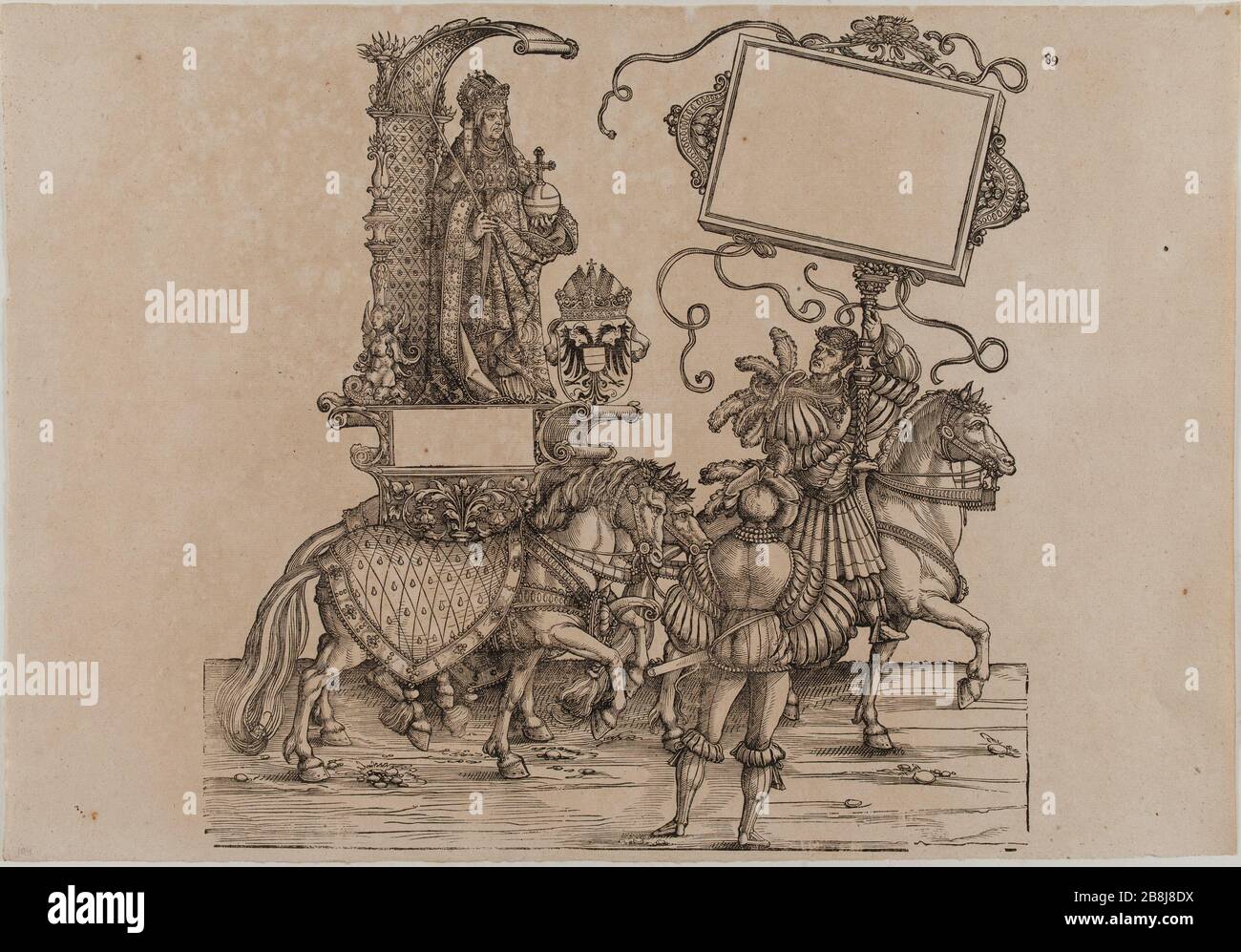 Der Triumph von Kaiser Maximilian I.: Hundert vierte Tafel (Eger Dornik-36, Bartsch 81) Hans Burgkmair, dit l'Ancien (1473-1531). Le Triomphe de l'Empereur Maximilian Ier : Cent-quatrième planche (Dornik-Eger 36, Bartsch 81). Xylographie, 1512-1519. Musée des Beaux-Arts de la Ville de Paris, Petit Palais. Stockfoto