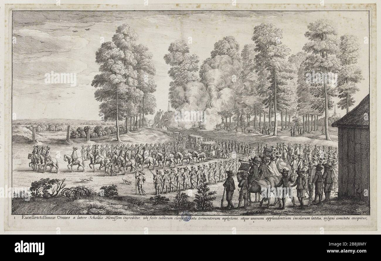 Eintritt in einen Adligen Václav Hollar (1607-1677). "Entrée d'un noble personnage". Eau-forte. Musée des Beaux-Arts de la Ville de Paris, Petit Palais. Stockfoto