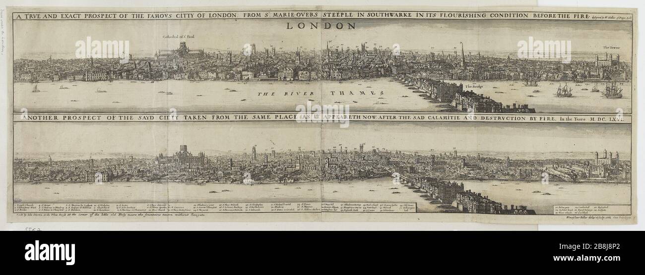 Zwei Blicke auf London, vor und nach dem Stadtbrand Václav Hollar (1607-1677). "après vues de Londres, avant et l'incendie de la ville". Eau-forte. 1666. Musée des Beaux-Arts de la Ville de Paris, Petit Palais. Stockfoto