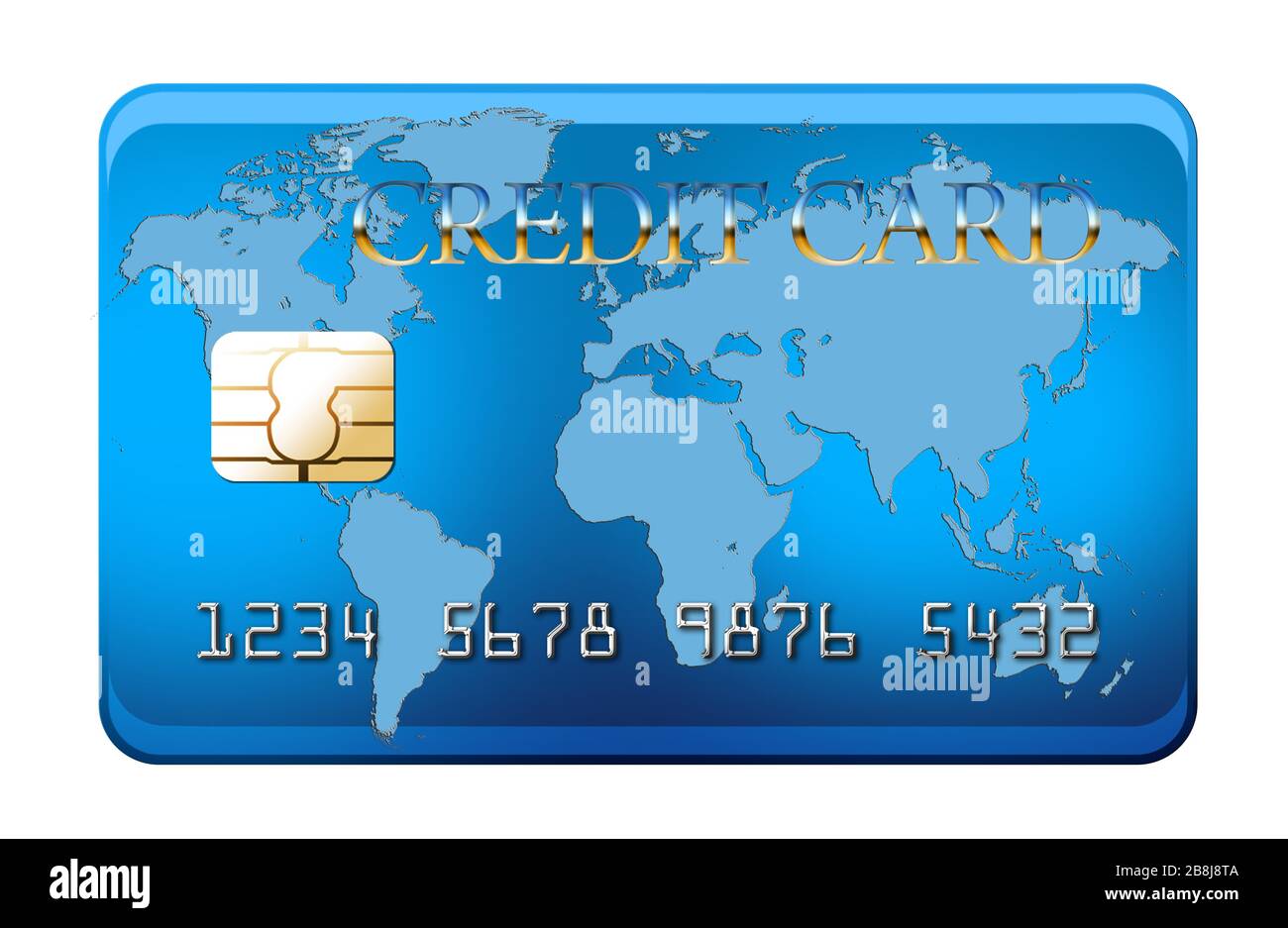 Blaue Kreditkarte mit Weltkarte - isoliert auf weiss mit Beschneidungspfad Stockfoto