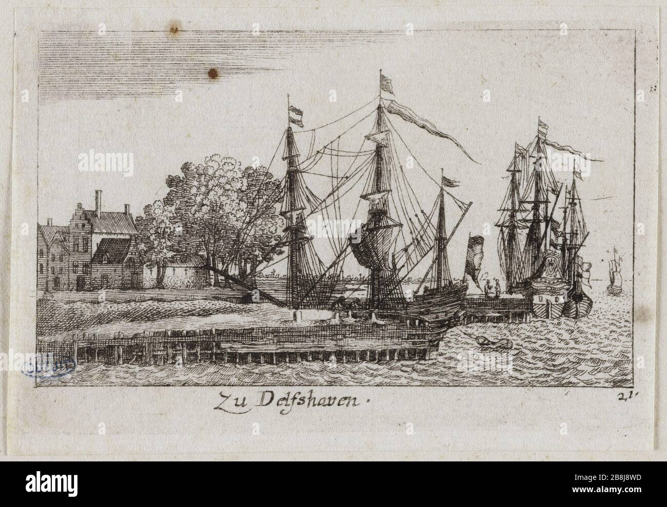 Blick auf Deutschland, den Hafen von Delft Václav Hollar (1607-1677). "Vues d'Allemagne, Le Port de Delft". Eau-forte. Musée des Beaux-Arts de la Ville de Paris, Petit Palais. Stockfoto