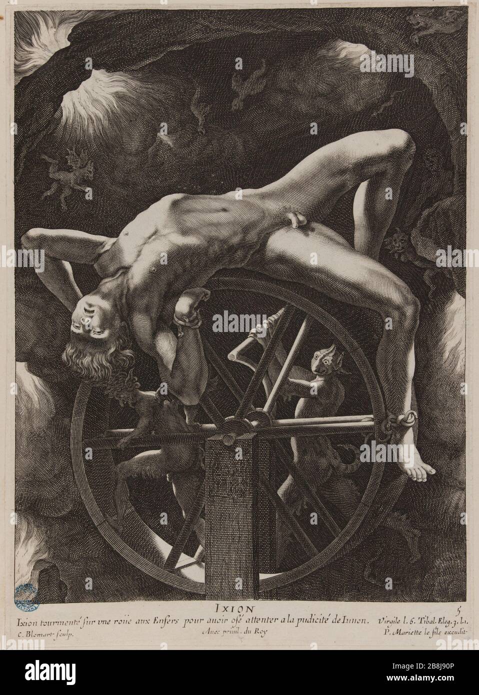 Diagramm Tugenden und Mängel der Antike (. Dutuit P. 36, Le Blanc 145) Ixion Cornelis II Bloemaert, dit le Jeune (1603-1692). Tableau des Vertus et des vices de l'antiquité : Ixion (Dutuit S. 36, Le Blanc 145). Burin, 1630-1633. Musée des Beaux-Arts de la Ville de Paris, Petit Palais. Stockfoto