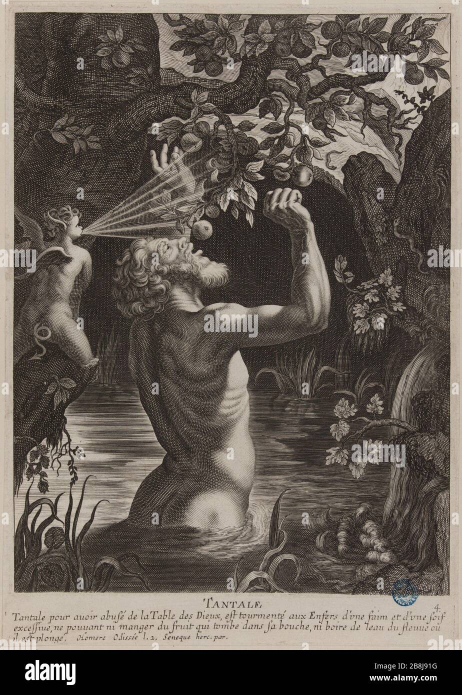 Diagramm Tugenden und Mängel der Antike (. Dutuit P. 36, Le Blanc 144) Tantalum Cornelis II Bloemaert, dit le Jeune (1603-1692). Tableau des Vertus et des vices de l'antiquité : Tantale (Dutuit S. 36, Le Blanc 144). Burin, 1630-1633. Musée des Beaux-Arts de la Ville de Paris, Petit Palais. Stockfoto