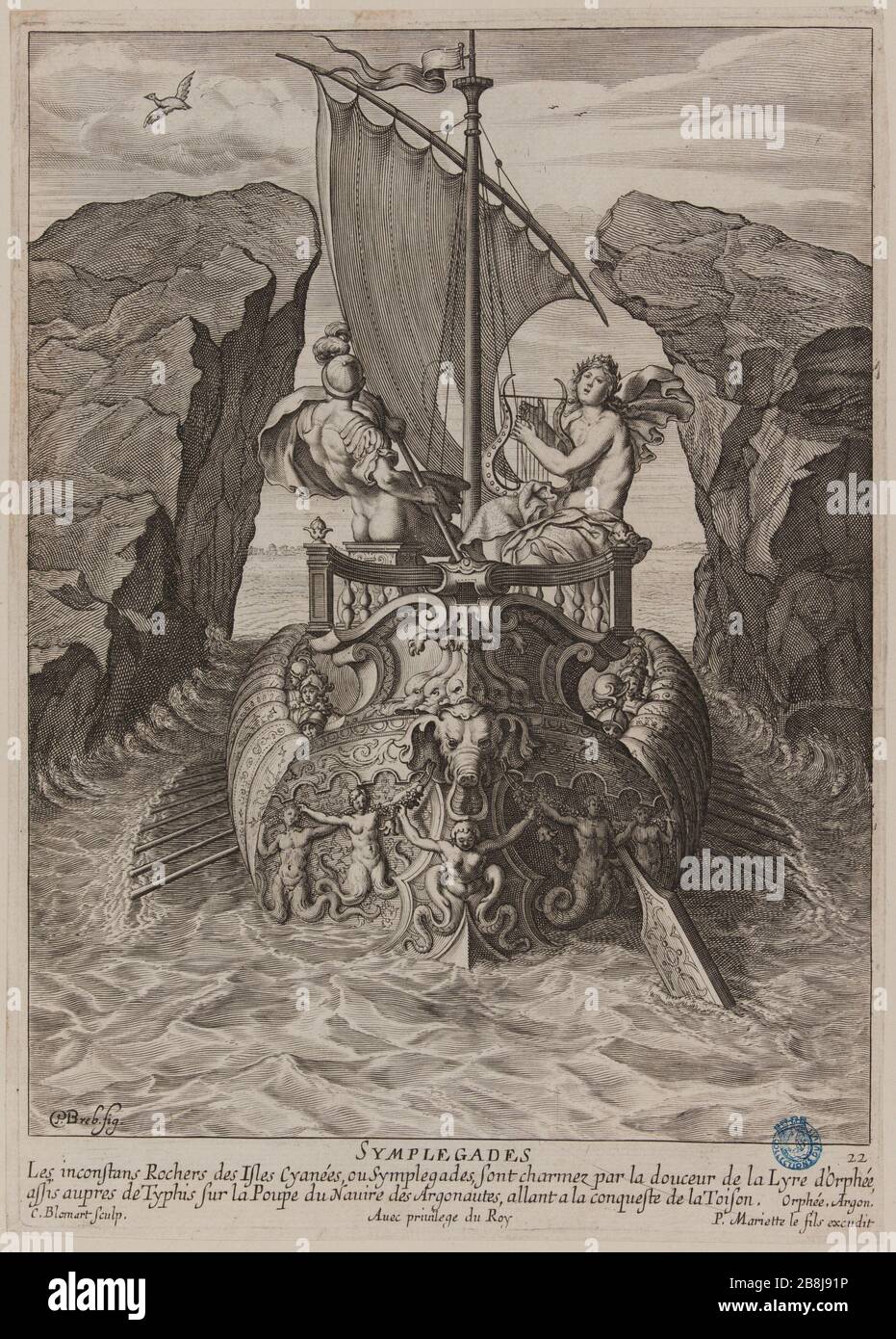 Tabelle der Tugenden und Laster der Antike: Die Symplegaden (p Dutuit 36, Le Blanc. 119) Cornelis II Bloemaert, dit le Jeune (1603-1692). Tableau des Vertus et des vices de l'antiquité : Les Symplegades (Dutuit S. 36, Le Blanc 119). Burin, XVIIe siècle. Musée des Beaux-Arts de la Ville de Paris, Petit Palais. Stockfoto