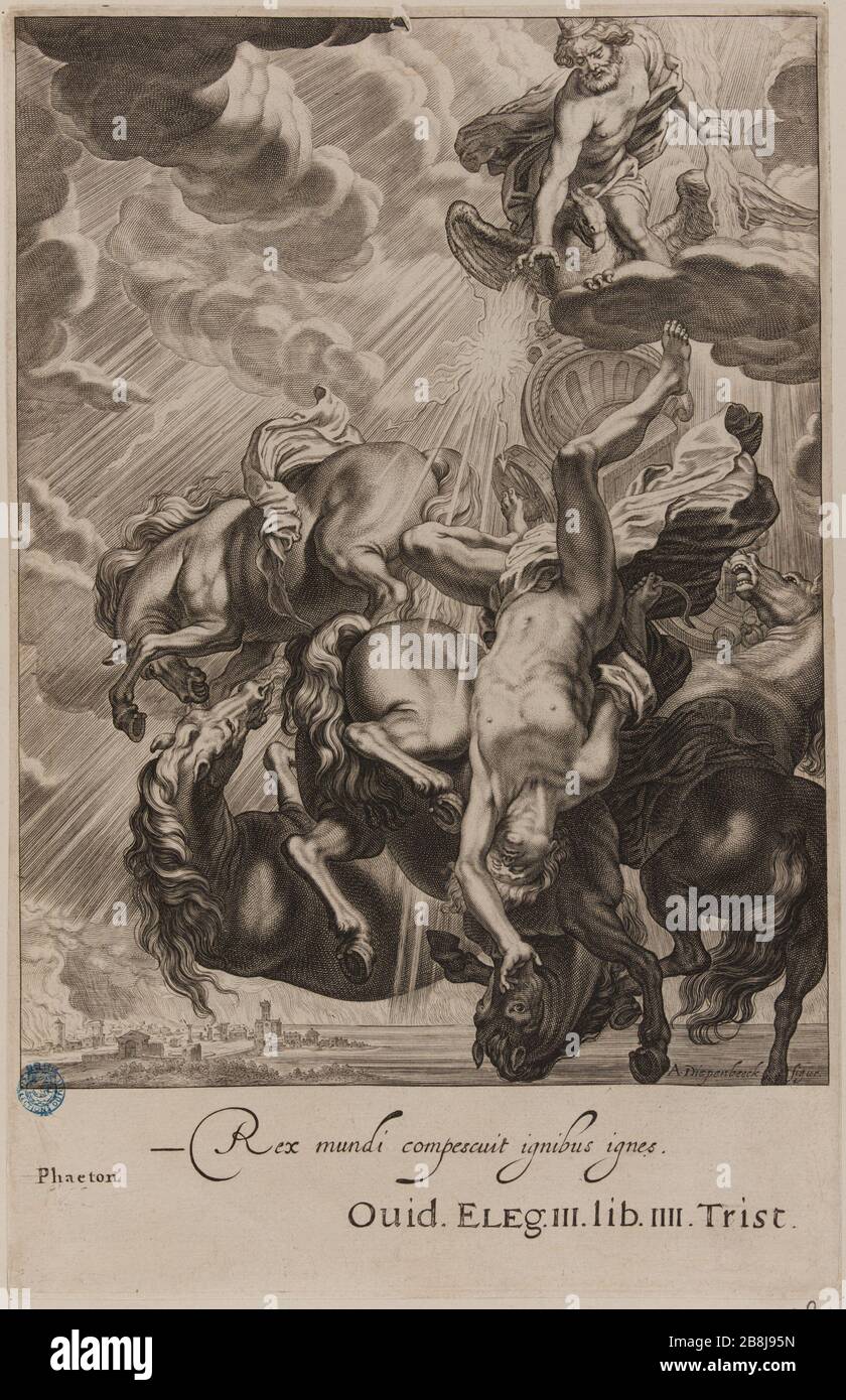 Table Temple of Muses Phaéton (Dutuit P. 36, Le Blanc 98). Cornelis II Bloemaert, dit le Jeune (1603-1692). Tableau du Temple des Muses: Phaéton (Dutuit S. 36, Le Blanc 98). Burin, XVIIe siècle. Musée des Beaux-Arts de la Ville de Paris, Petit Palais. Stockfoto