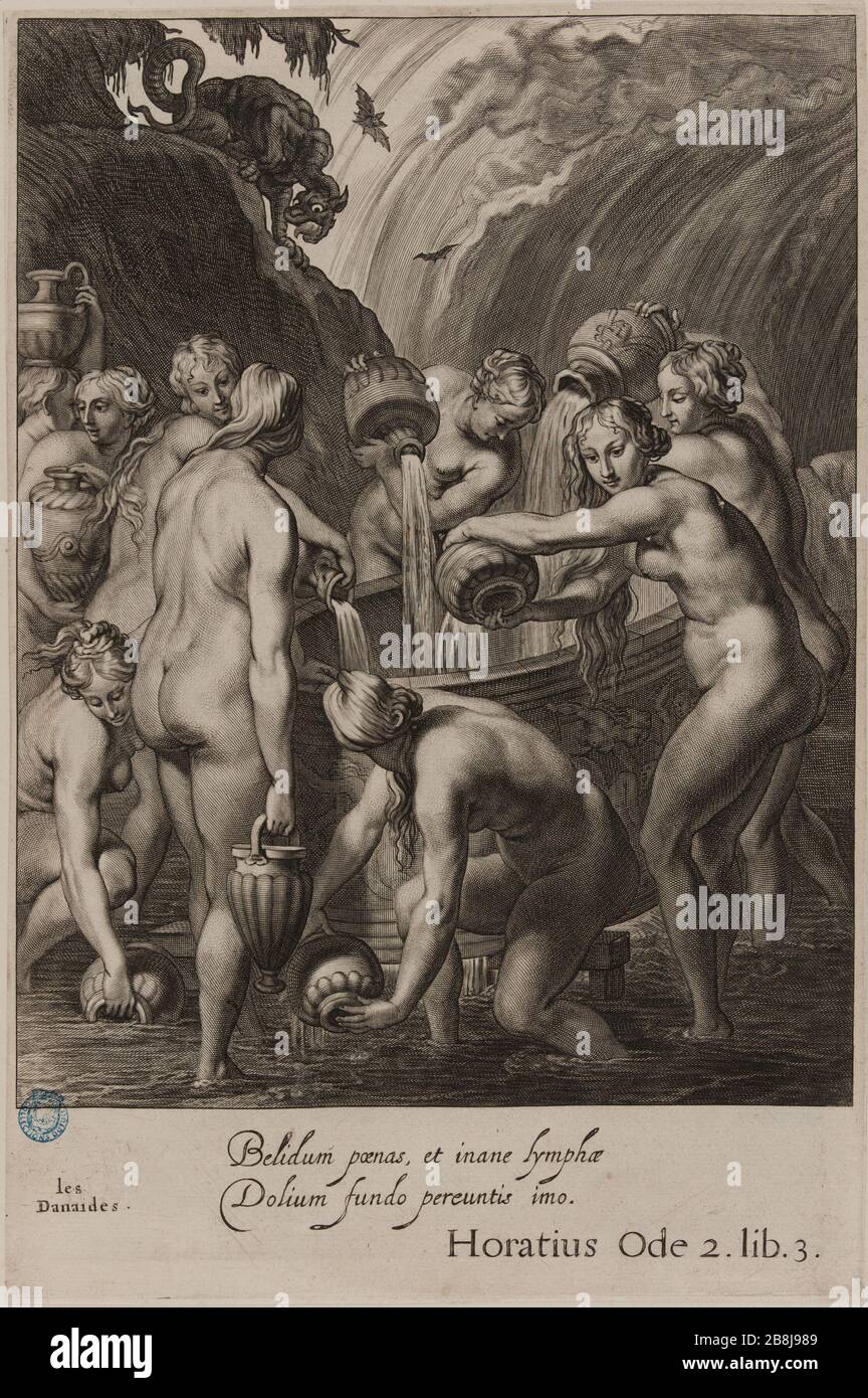 Table Temple Muses: The Danaids (Dutuit P. 36, Le Blanc. 147) Cornelis II Bloemaert, dit le Jeune (1603-1692). Tableau du Temple des Muses: Les Danaïdes (Dutuit S. 36, Le Blanc 147). Burin, 1655. Musée des Beaux-Arts de la Ville de Paris, Petit Palais. Stockfoto