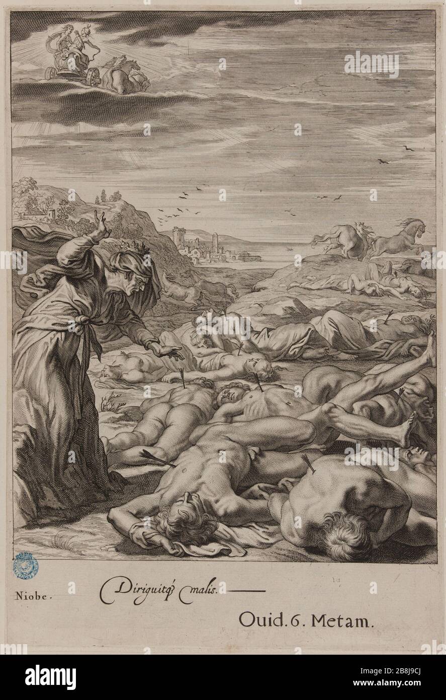 Table Temple of Muses Niobé (Dutuit S. 36, Le Blanc 134) Cornelis II Bloemaert, dit le Jeune (1603-1692). Tableau du Temple des Muses, Niobé (Dutuit S. 36, Le Blanc 134). Burin, 1655. Musée des Beaux-Arts de la Ville de Paris, Petit Palais. Stockfoto