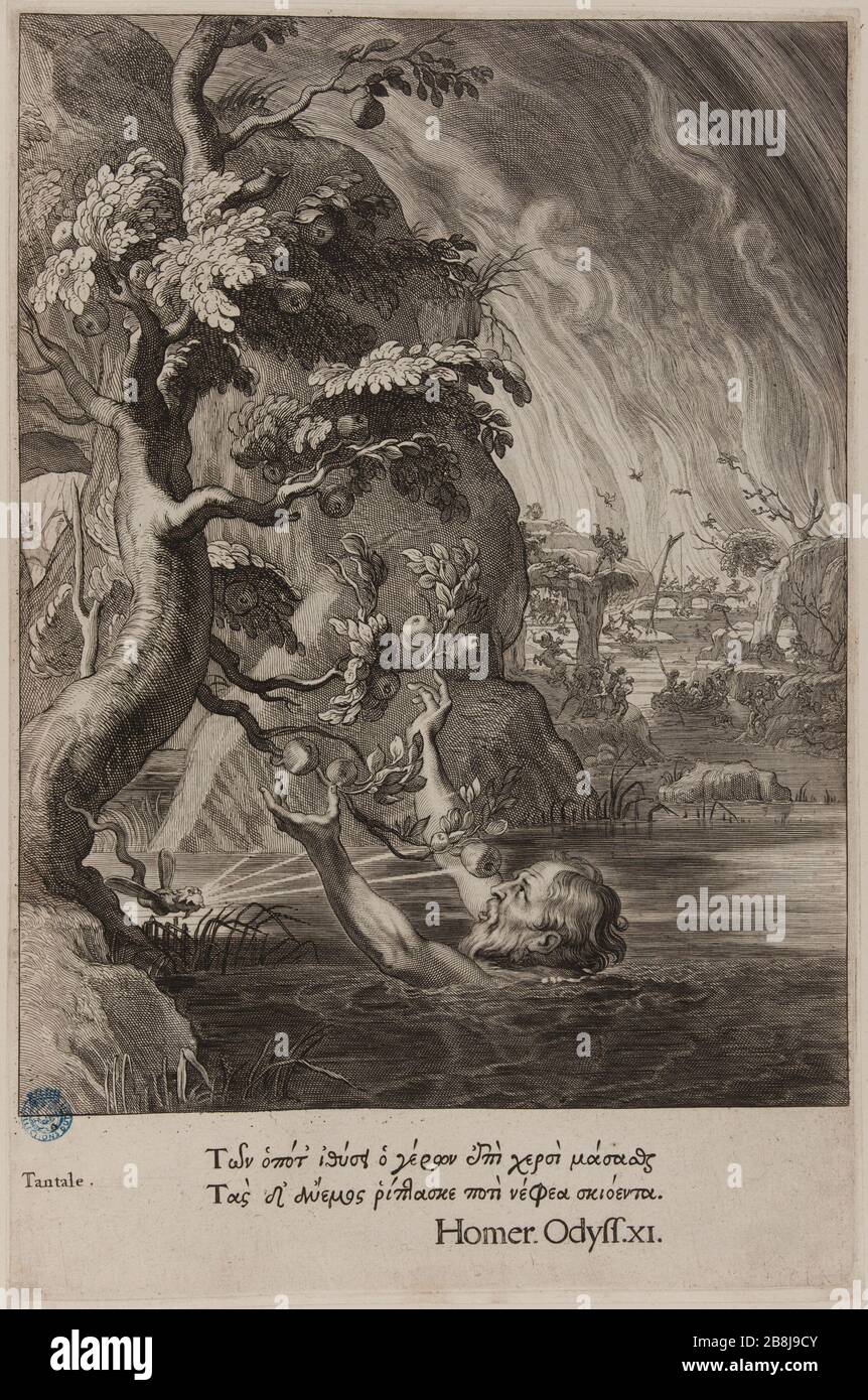 Table Temple Muses: Tantal (Dutuit P. 36, Le Blanc 144.) Cornelis II Bloemaert, dit le Jeune (1603-1692). Tableau du Temple des Muses: Tantale (Dutuit S. 36, Le Blanc 144). Burin, 1655. Musée des Beaux-Arts de la Ville de Paris, Petit Palais. Stockfoto