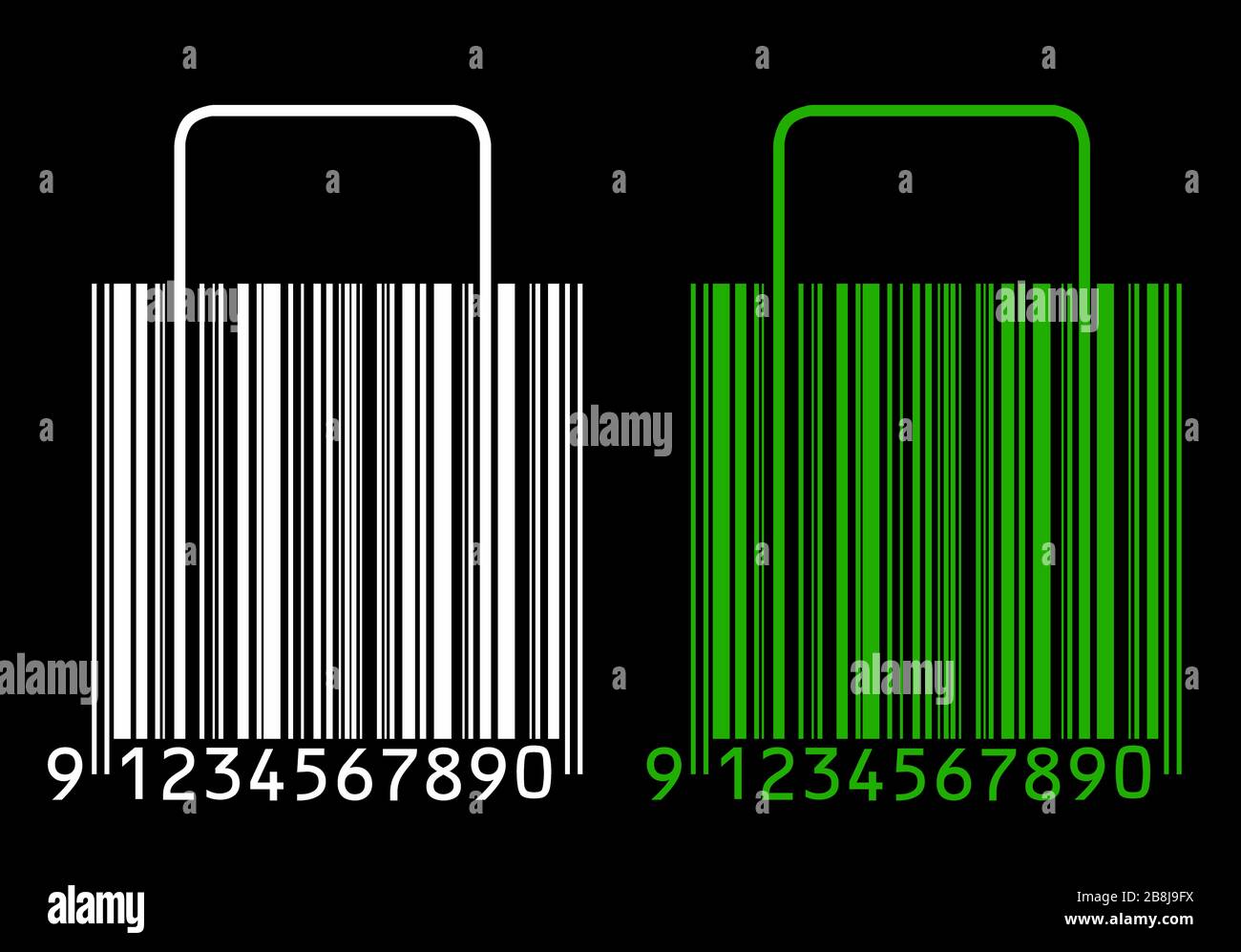 Einkaufstaschen stilisiert als Strichcode auf Schwarz Stockfoto