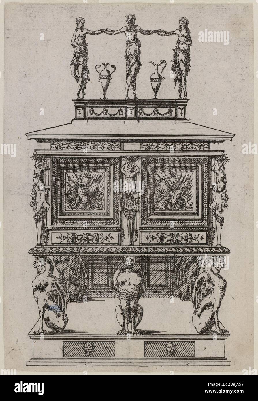 Möbelplatinen Kollektion: Schrank. Erste Tafel einer Sequenz von 21. Jacques Androuet du Cerceau (1515-1584). "Recueil de planches de mobilier: Cabinet. Première planche d'une Suite de 21'. Eau-forte. 1575. Musée des Beaux-Arts de la Ville de Paris, Petit Palais. Stockfoto