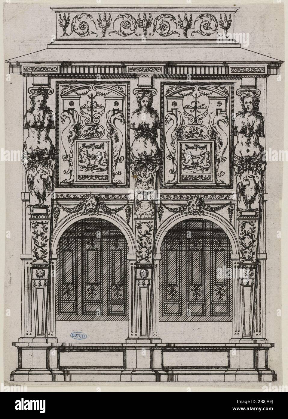 Möbelplatinen Kollektion: Schrank. Dreizehntes Amt einer Sequenz von 21 Jacques Androuet du Cerceau (1515-1584). "Recueil de planches de mobilier: Cabinet. Treizième Cabinet d'une Suite de 21'. Eau-forte. 1575. Musée des Beaux-Arts de la Ville de Paris, Petit Palais. Stockfoto