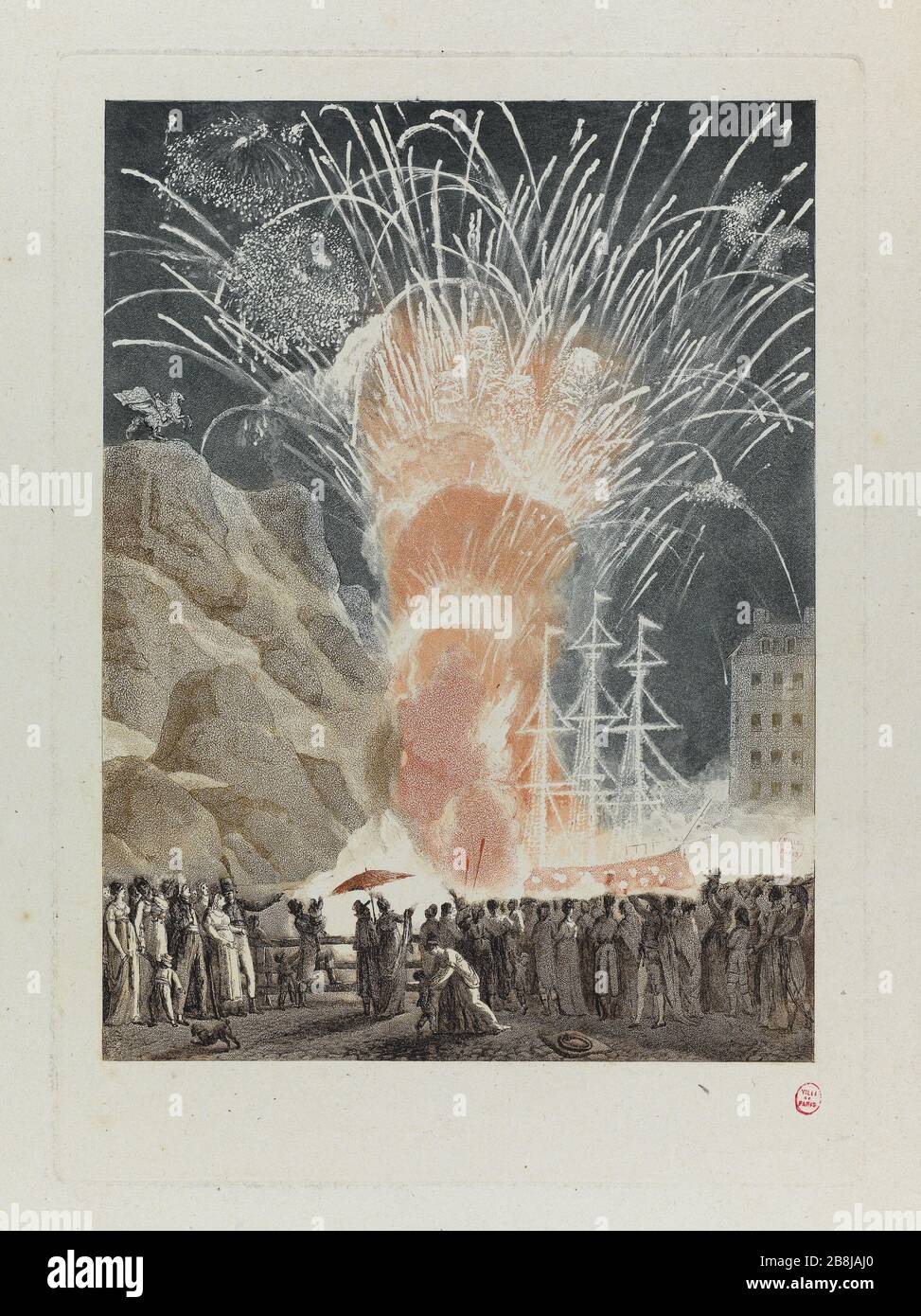 [Feuerwerk für die Krönungsfeierlichkeiten und Krönung 16. Dezember 2007] Louis-Philibert Debucourt (1755-1832). "Feux d'artifices pour les fêtes du sacre et couronnement 16 décembre 1804". Aquatinte, pointillé en couleurs. Paris, musée Carnavalet. Stockfoto