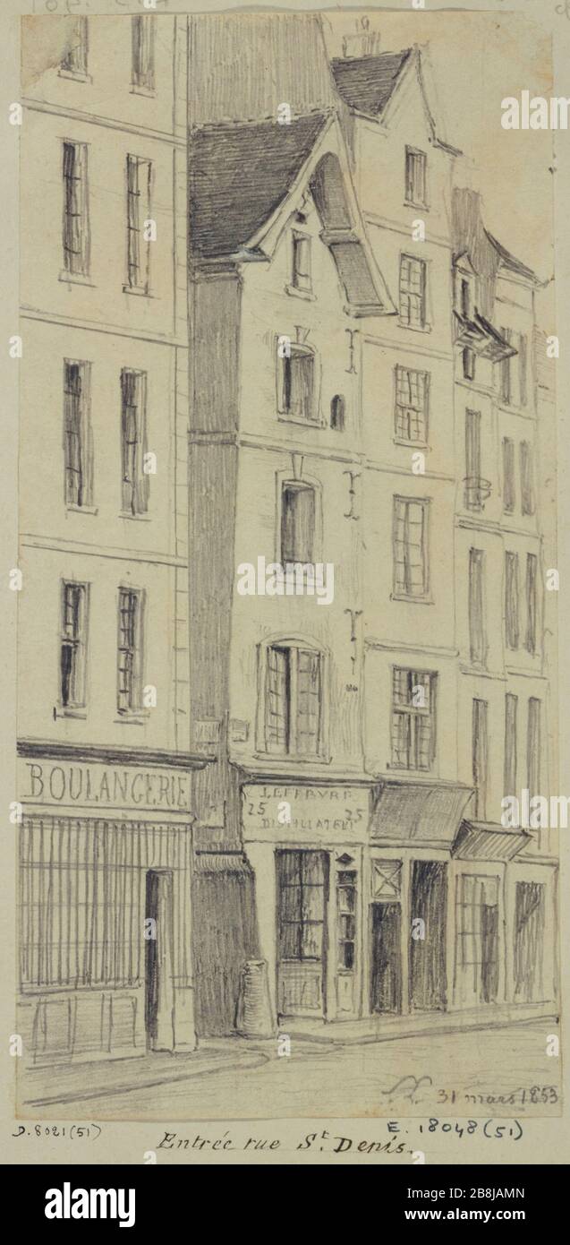 Rue Saint-Denis, 1. - 2. Bezirk, Paris Léon Leymonnerye (1803-1879), dessinateur et topographe français. Rue Saint-Denis. Krebse. Paris (Ier-IIème arr.), 31. mars von 185.3. Paris, musée Carnavalet. Stockfoto