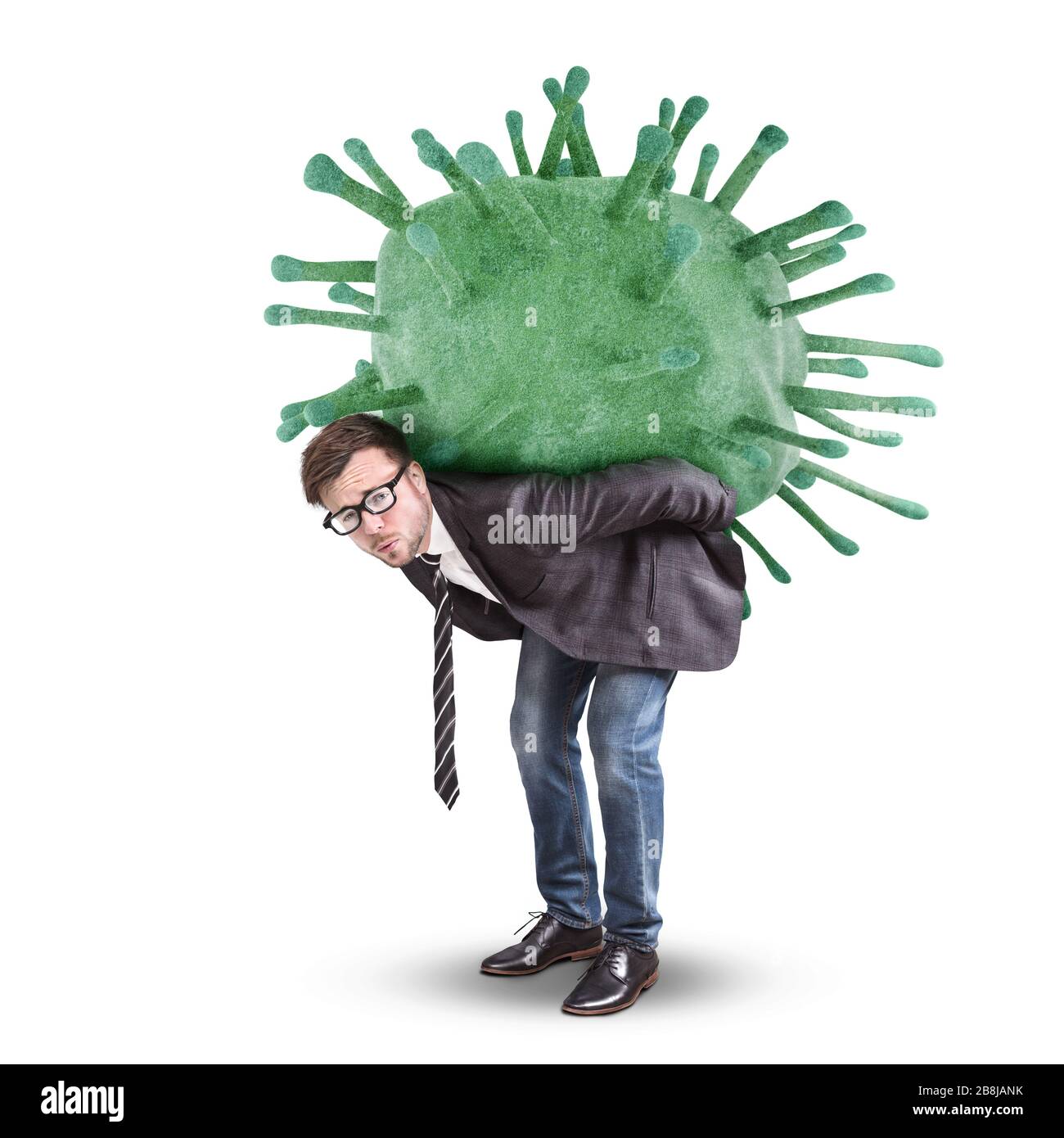 Unternehmer kämpfen mit EINEM Virus - isoliert auf Weiß Stockfoto