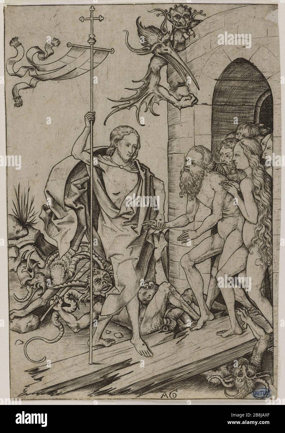 Die Passion Jesu Christi: Der Abstieg nach Limbo, Nr. 11 in einer Serie von 12 Nummern. (Bartsch 12, Band VI, Seite 348) Albrecht Glockendon dit l'Aîné (né vers 1432). "La Passion de Jésus-Christus: La Descente aux Limbes, Nr. 11 d'une série de 12 numéros. (Bartsch 12, Tome VI, Seite 348)'. Burin. 1470. Musée des Beaux-Arts de la Ville de Paris, Petit Palais. Stockfoto