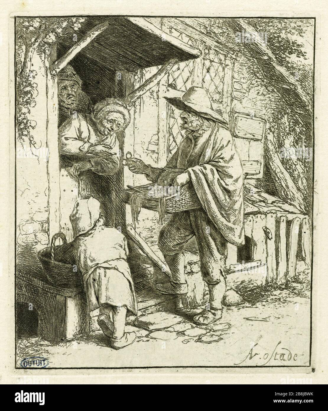 Der Gläserhändler (Bartsch 29) Adriaen Van Ostade (1610-1685). Le marchand de lunettes (Bartsch 29). Eau-forte, 1647-1652. Musée des Beaux-Arts de la Ville de Paris, Petit Palais. Stockfoto