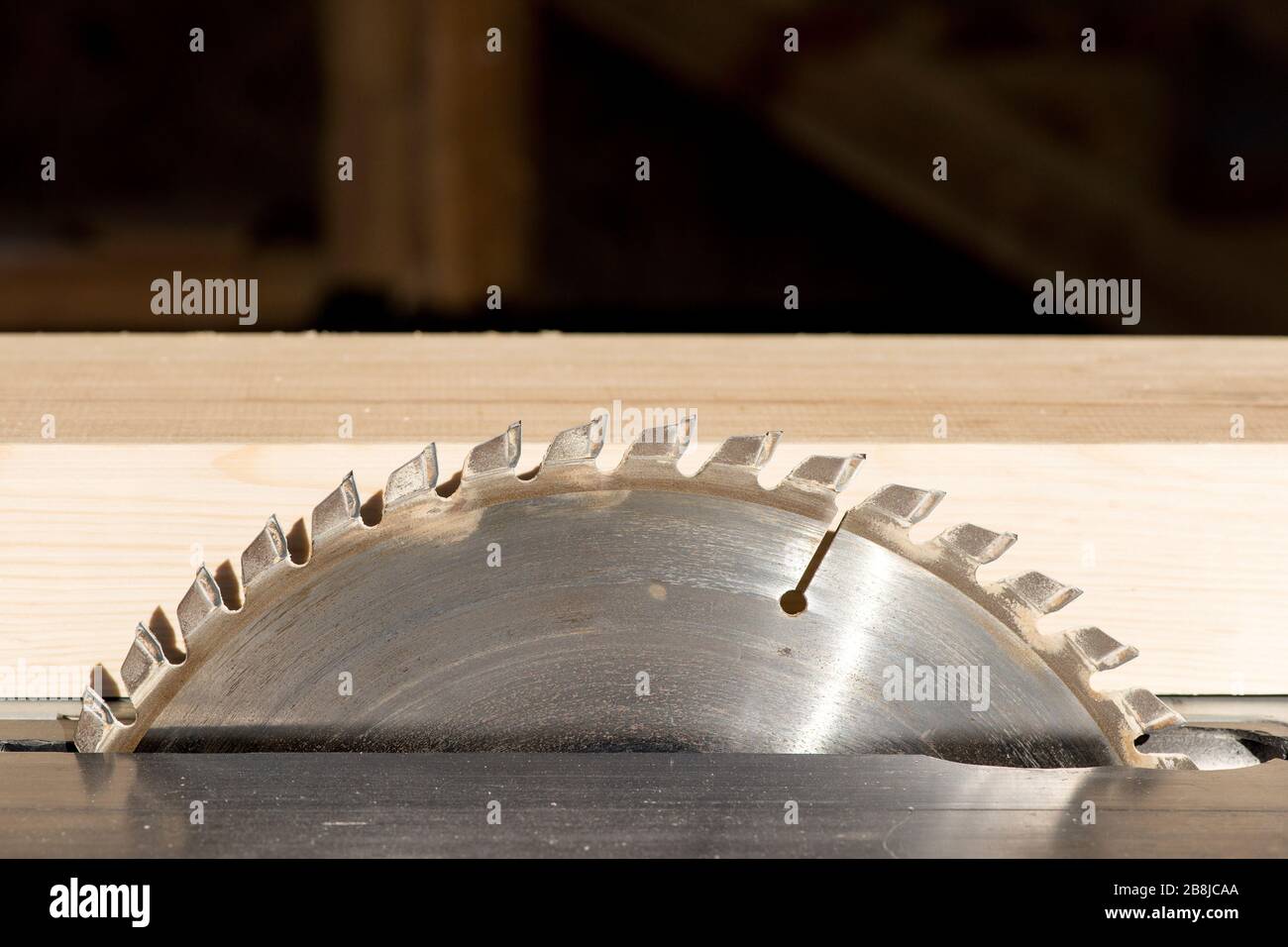 Nahaufnahme für Kreissäge in der Tischlerei - selektiver Fokus Stockfoto