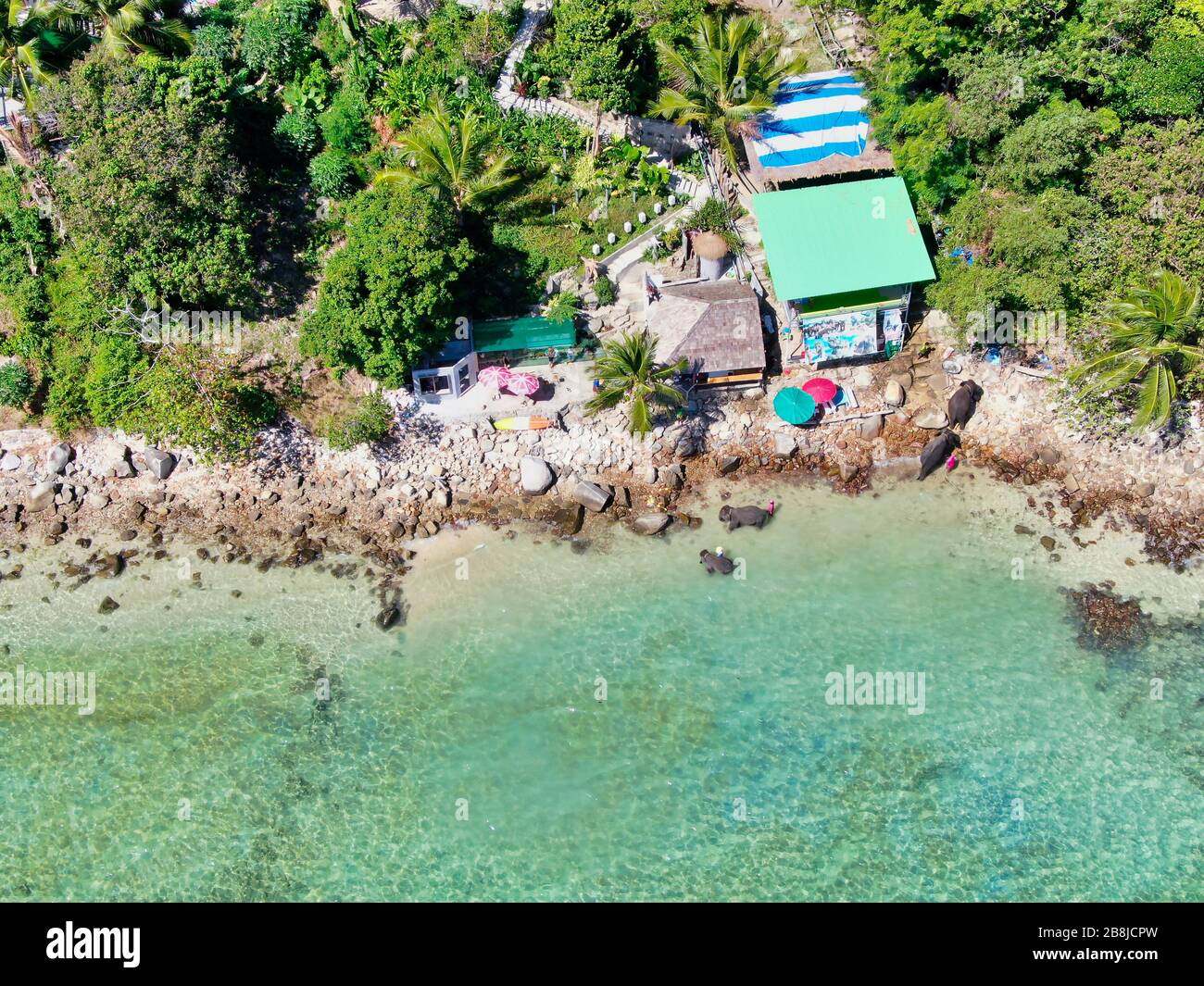 Luftansicht Mit Drone. Tri-Trang-Strand in der Nähe von Patong Beach, Phuket Island, Thailand. Schwimmen im Meer mit Elefanten. Stockfoto