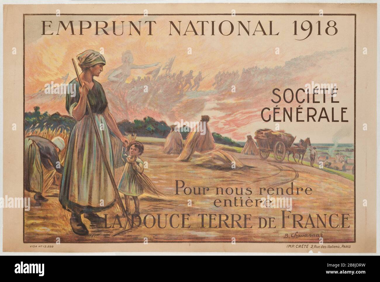 STAATSSCHULDEN 1918 SOCIETE GENERALE Bernard Chavannaz. "Emprunt National 1918, Société Générale". Lithographie. 1918. Paris, musée Carnavalet. Stockfoto