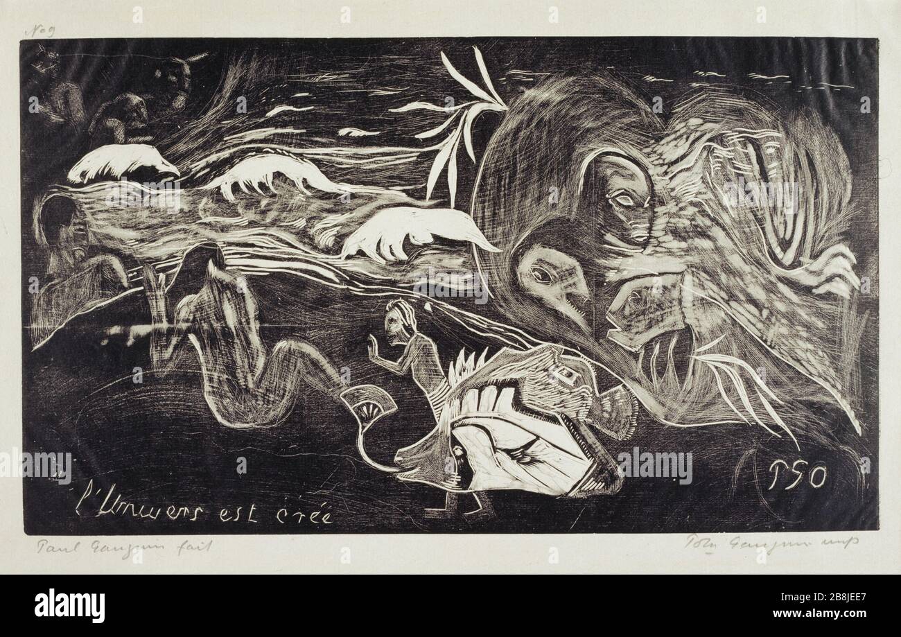 Das Universum entsteht Paul Gauguin (1848-1903). "L'univers est créé". "Bois sur Chine Volant". 1893-1894. Musée des Beaux-Arts de la Ville de Paris, Petit Palais. Stockfoto