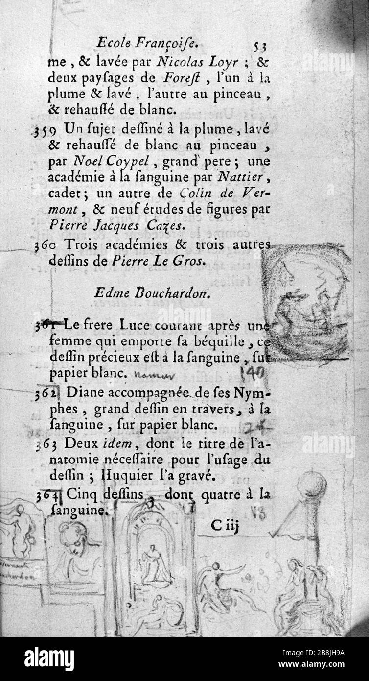 ZEICHNUNGEN SEITE 53 DER KATALOG DER SAMMLUNG VON ZEICHNUNGEN DES AUSGEWÄHLTEN DEZALLIER ARGENVILLE. Gabriel de Saint-Aubin/Pierre Rémy. Dessins Seite 53 du catalog de la Collection de dessins choisis de Dezallier d'Argenville. 278. Musée des Beaux-Arts de la Ville de Paris, Petit Palais. Stockfoto