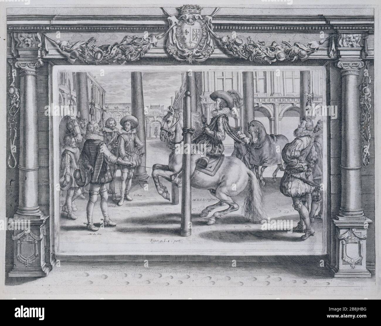 KÖNIGLICHE STÄLLE VON PLUVINEL VON HERRN Crispin II de passé et Antoine de Pluvinel de la Baume (vers 1555-1620). "anège Royal de Monsieur de Pluvinel, Seite 23 - Antoine de Pluvinel enseignant l'équitation au roi Louis XIII (1601-1643)", 1623. Livre imprimé. Musée des Beaux-Arts de la Ville de Paris, Petit Palais. Stockfoto