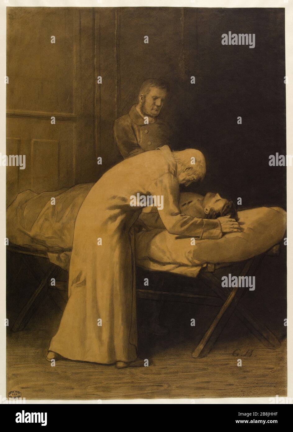 M. Gillenormand, verletzt Marius und Jean Valjean Gustave Brion (1824-1877). M. Gillenormand, Marius Blessé et Jean Valjean. Fusain sur Papier. Im Jahr 1862. Paris, Maison de Victor Hugo. Stockfoto