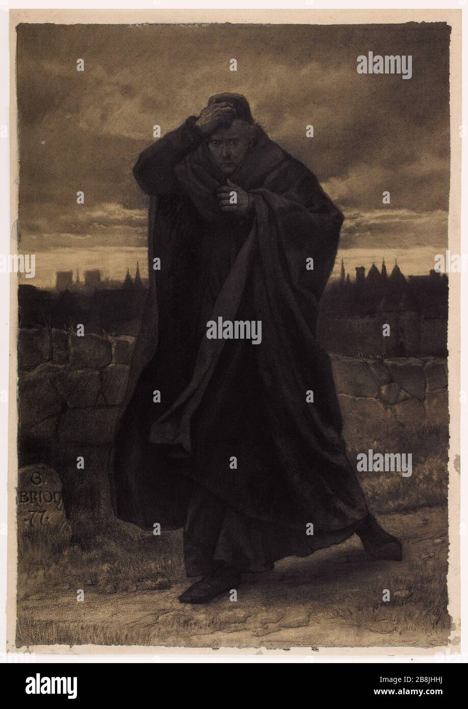 Claude Frollo. Illustration für eine ältere Version des Hugh Victor Hugo-Romans "Notre Dame de Paris". Gustave Brion (1824-1877). Claude Frollo. Illustration für l'éditon Hugues du roman de Victor Hugo "Notre-Dame de Paris". Fusain sur Papier. 1877. Paris, Maison de Victor Hugo. Stockfoto