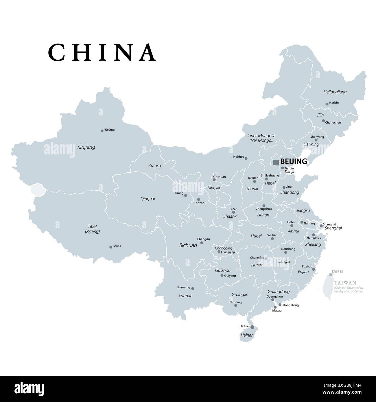 China, graue politische Karte mit administrativen Unterteilungen. VR China, Volksrepublik China mit Hauptstadt Peking, Provinzen mit Hauptstädten und Grenzen. Stockfoto