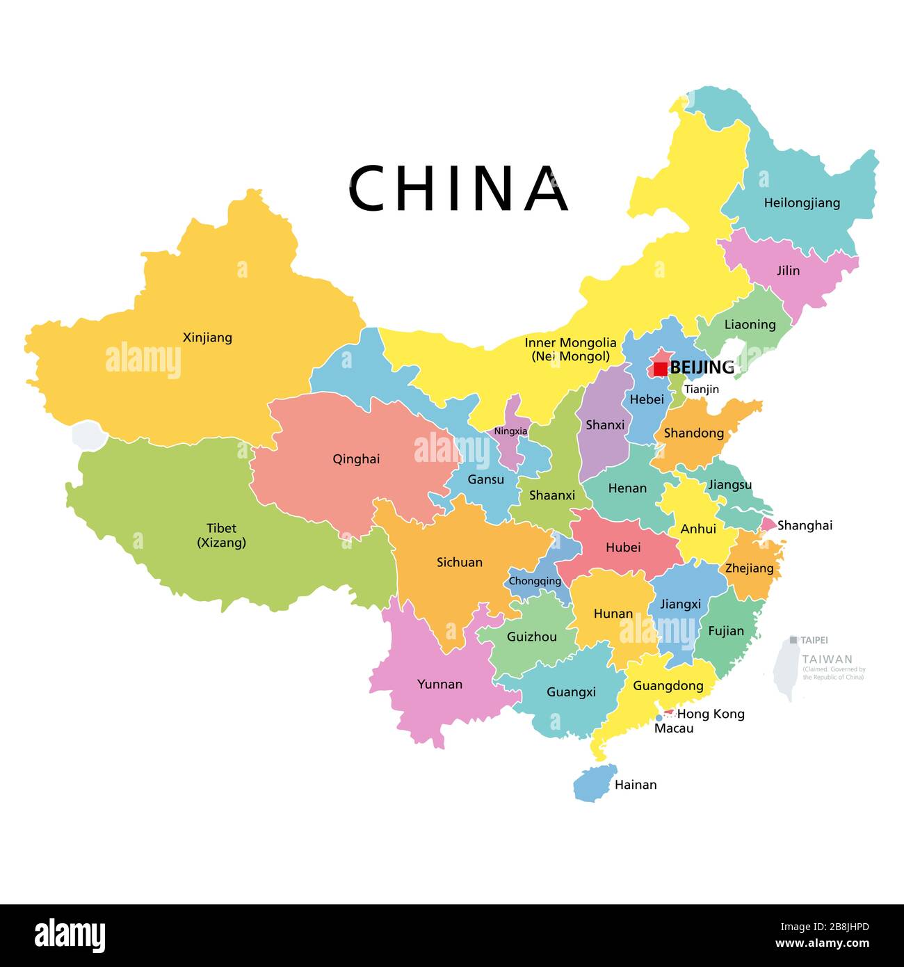 China, politische Karte mit bunten Provinzen. VR China, Volksrepublik China mit Hauptstadt Peking, Grenzen und Verwaltungseinteilungen. Englisch. Stockfoto