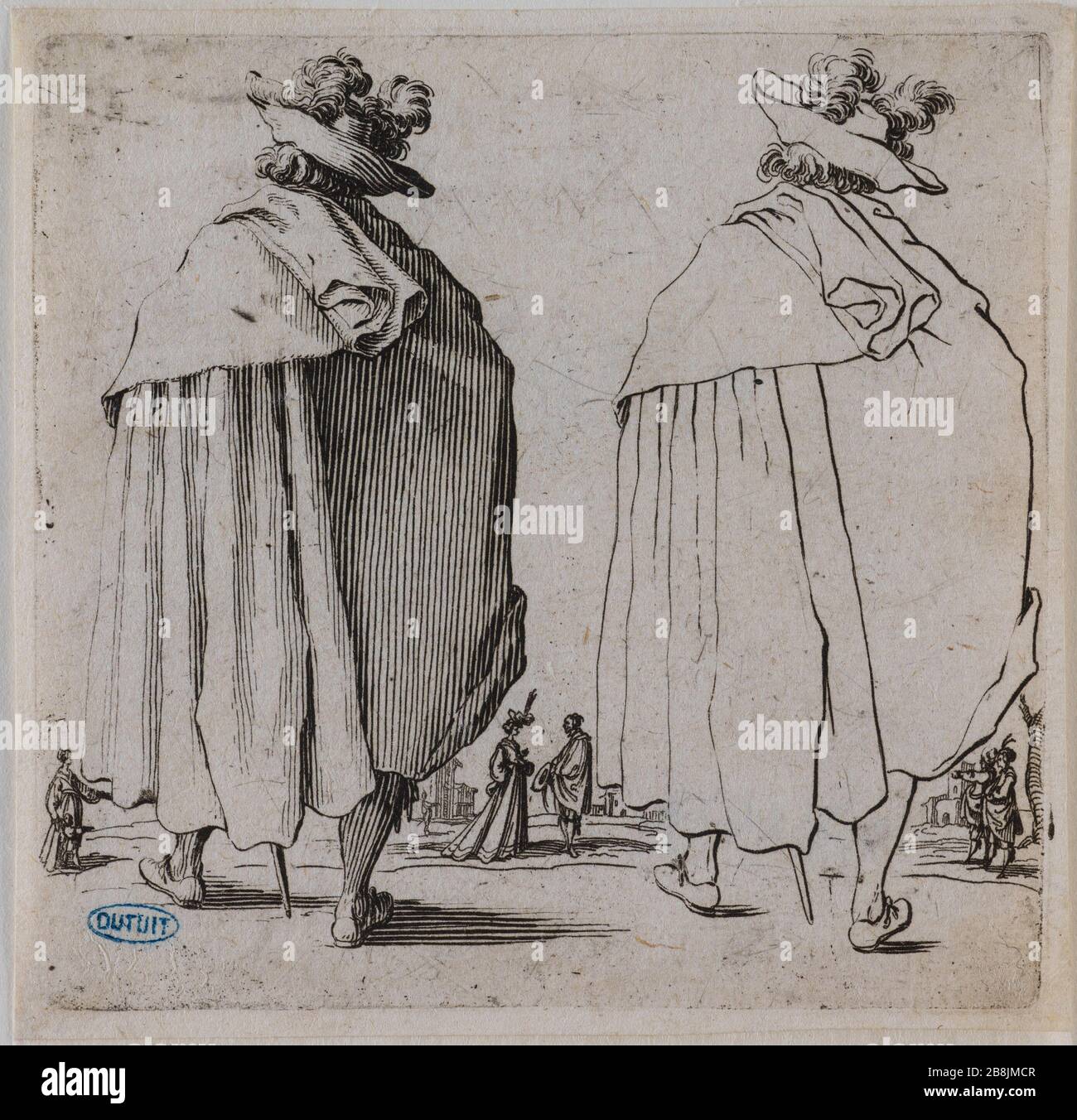 Verschiedene Figuren, der Mann im großen Mantel von hinten gesehen. Zwölfte Nummer einer Folge von 16 Stück (Lieure 209, Meaume 734) Jacques Callot (1592-1635). "Figures variées, L'homme au Grand manteau vu de dos. Douzième numéro d'une Suite de 16 pièces' (Lieure 209, Meaume 734). Eau-forte. 1ère moitié du XVIIème siècle. Musée des Beaux-Arts de la Ville de Paris, Petit Palais. Stockfoto