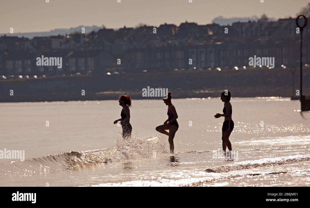 Portobello, Edinburgh, Schottland, Großbritannien. März 2020. Frühes Sonnenschein mit einer frühen Morgentemperatur von 2 Grad Celsius, die bis zum Mittag auf 8 Grad steigt und sonnige blaue Himmel hat.Wild Schwimmer früh aus, aber schien ihre Einbrüche zu schwanken, um die normalerweise größeren Gruppen zu vermeiden, um soziale Distanzierungen zu unterstützen. Stockfoto