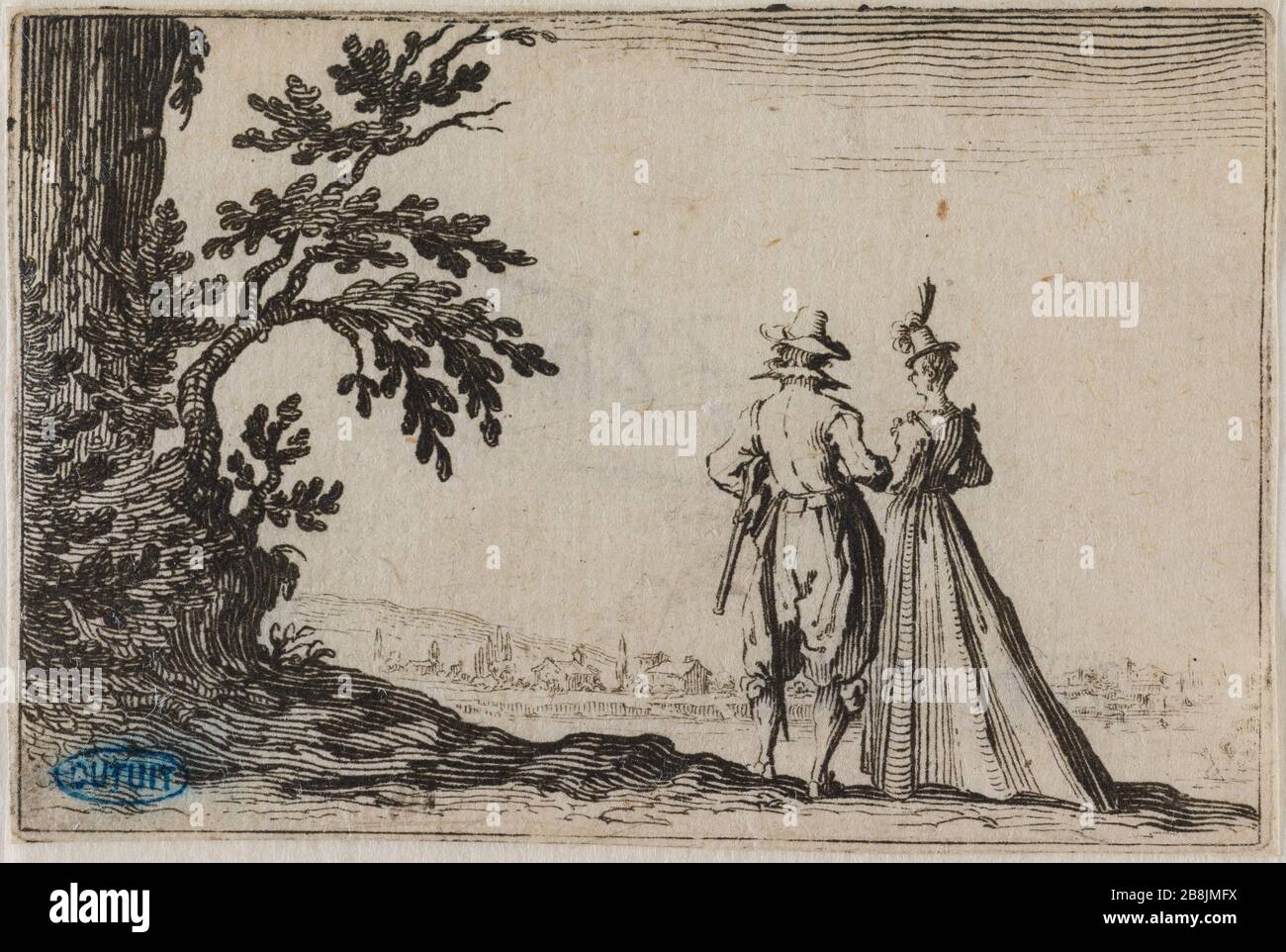 The Caprices, The Promenade. Neunte Nummer in Folge von 50 Stück geätzt Nancy (Lieure 436, Meaume 785) Jacques Callot (1592-1635). "Les Caprices, La Promenade. Neuvième numéro de la Suite de 50 pièces gravée à Nancy' (Lieure 436, Meaume 785). Eau-forte. 1621. Musée des Beaux-Arts de la Ville de Paris, Petit Palais. Stockfoto