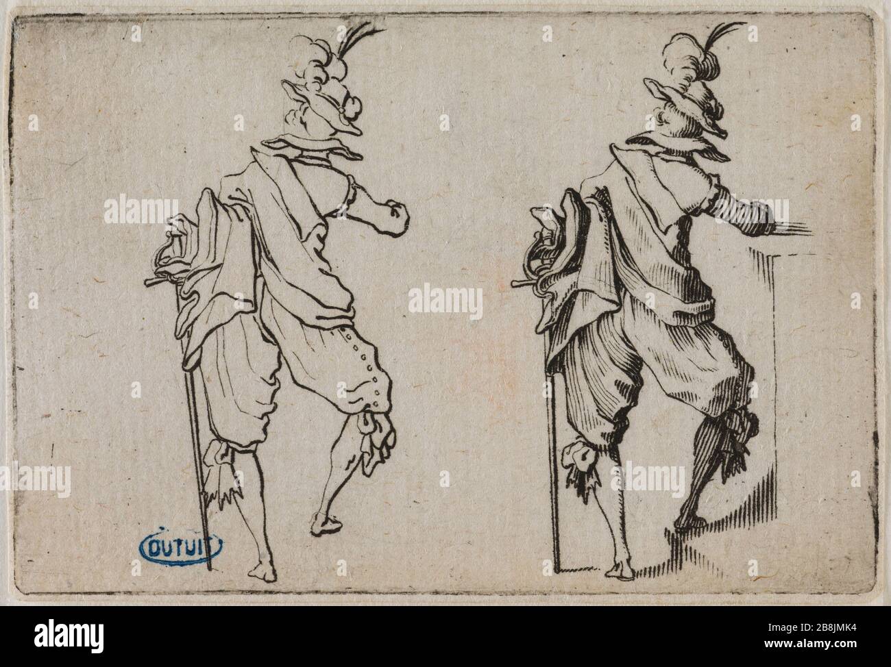 Die Caprices, Mann von hinten mit einem großen Schwert gesehen. Siebzehnte Nummer in Folge von 50 Stück geätzt Nancy (Lieure 444 Meaume 801) Jacques Callot (1592-1635). "Les Caprices, L'Homme vu de dos avec une grande épée. Dix-septième numéro de la Suite de 50 pièces gravée à Nancy' (Lieure 444, Meaume 801). Eau-forte. 1621. Musée des Beaux-Arts de la Ville de Paris, Petit Palais. Stockfoto