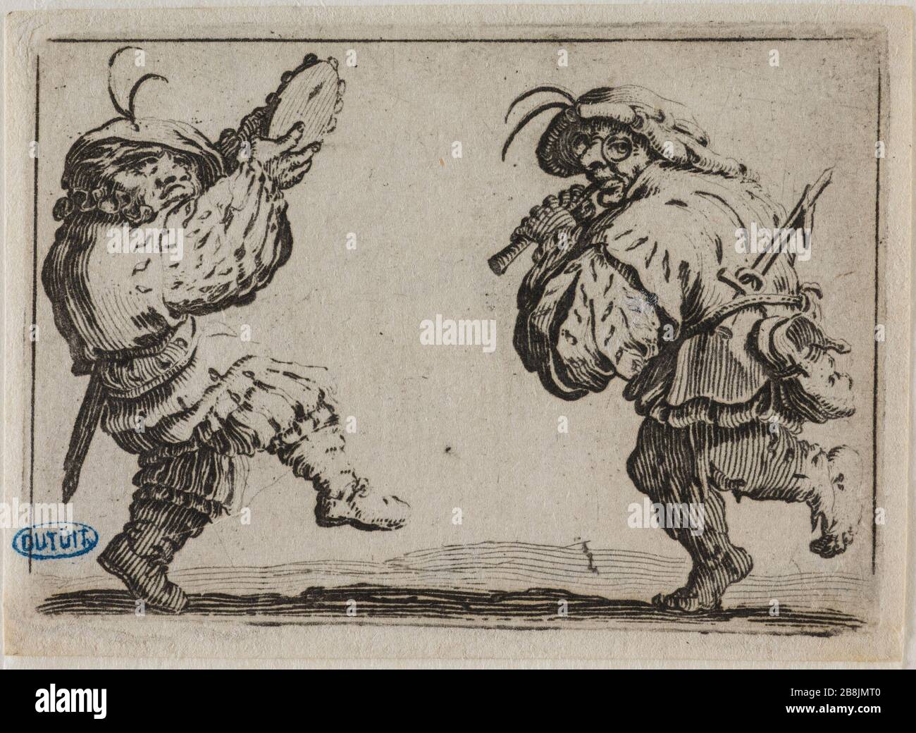 Die Caprices, die Tänzer auf Flöte und Tamburin. Die dreißigste Nummer der Sequenz von 50 Stücken aus Florenz (Lieure 246, Meaume 834) Jacques Callot (1592-1635). "Les Caprices, Les Danseurs à la flûte et au tambourin. Trente-troisième numéro de la Suite de 50 pièces gravée à Florence' (Lieure 246, Meaume 834). Eau-forte. 1617. Musée des Beaux-Arts de la Ville de Paris, Petit Palais. Stockfoto