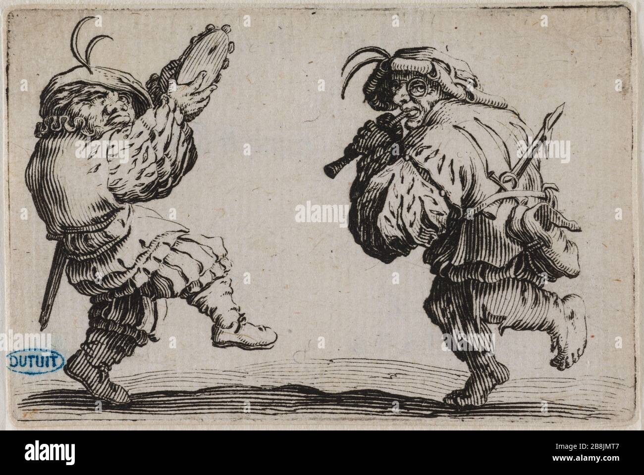 Die Caprices, die Tänzer auf Flöte und Tamburin. Die dreißigste Nummer der Sequenz von 50 Stücken ätzte Nancy (Lieure 460, Meaume 835) Jacques Callot (1592-1635). "Les Caprices, Les Danseurs à la flûte et au tambourin. Trente-troisième numéro de la Suite de 50 pièces gravée à Nancy' (Lieure 460, Meaume 835). Eau-forte. 1621. Musée des Beaux-Arts de la Ville de Paris, Petit Palais. Stockfoto
