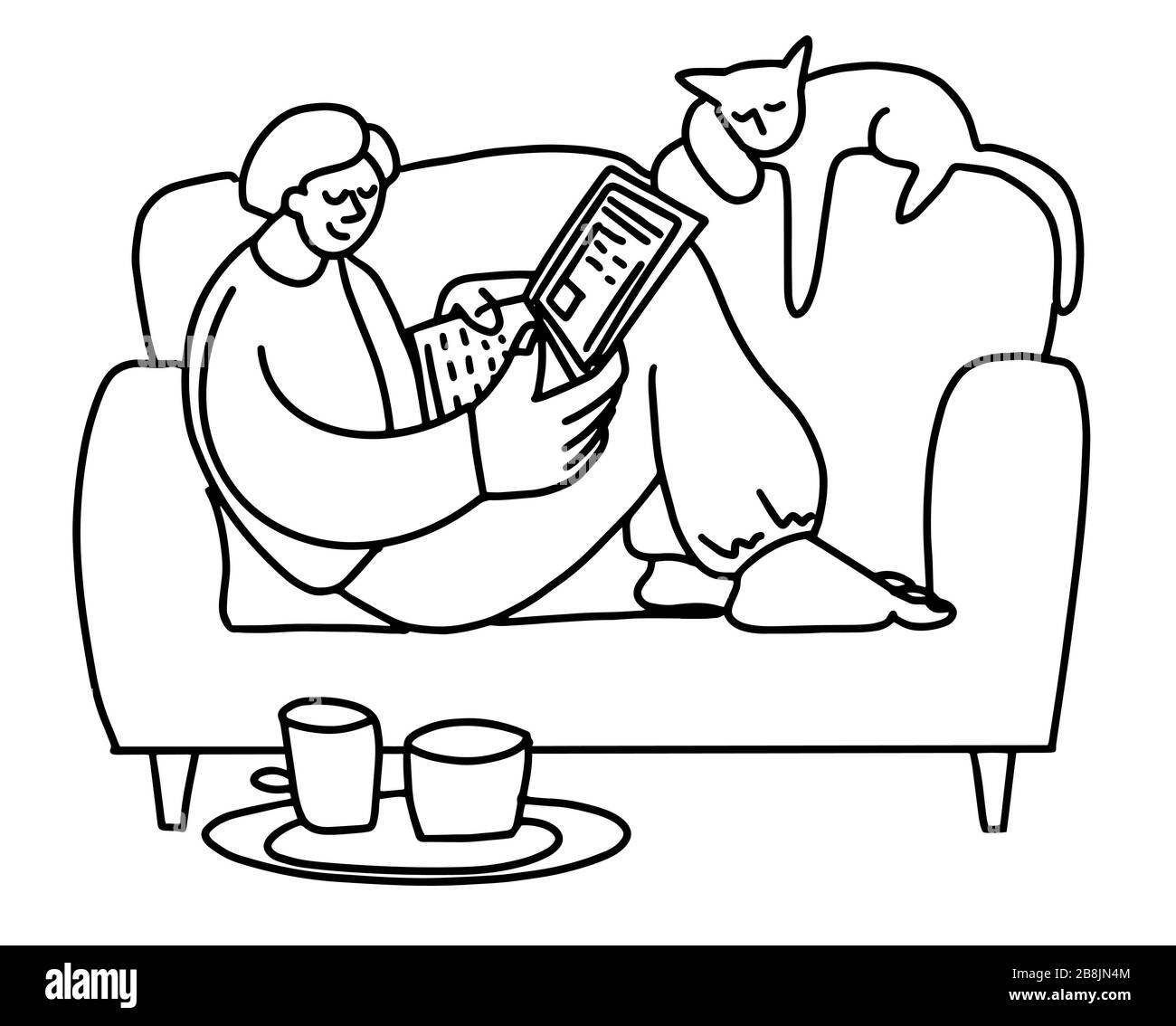 Arbeiten Sie zu Hause auf dem Sofa mit Ihrer Katze und Ihrem Laptop. Bleiben Sie zu Hause. Vektorgrafiken Stock Vektor