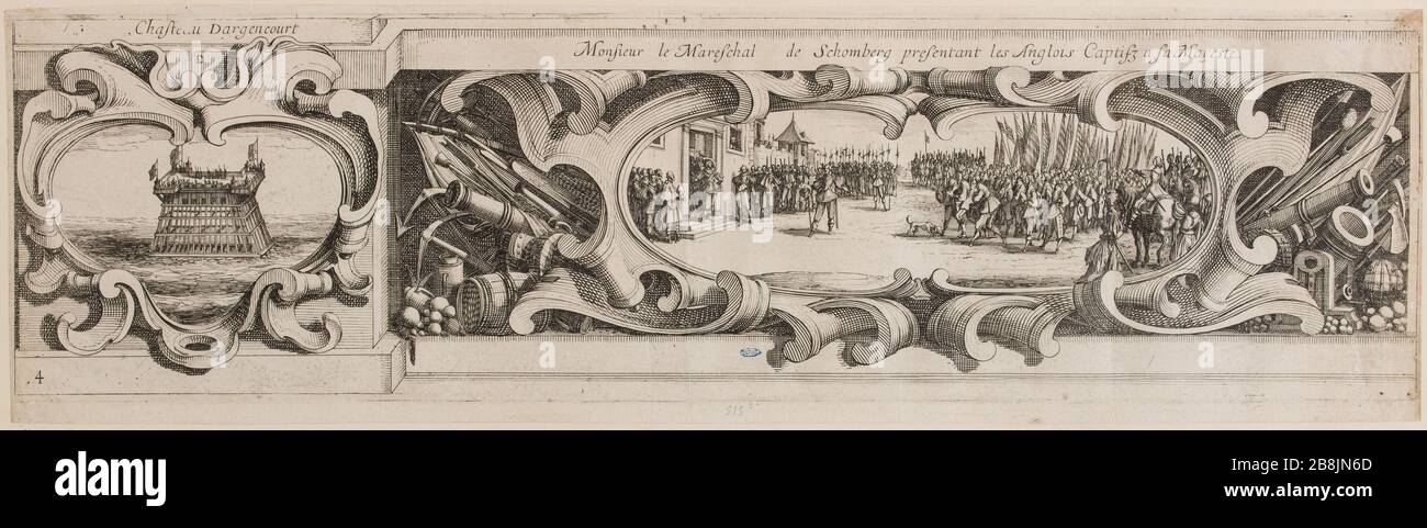 Belagerung von La Rochelle, dem ersten Rand der linken unteren Ecke, Präsentation englischer Gefangener (Lieure 661 Meaume 515) Jacques Callot (1592-1635). "iège de La Rochelle, première bordure du BAS à gauche, La présentation des prisonniers anglais" (Lieure 661, Meaume 515). Eau-forte. 1629-1630. Musée des Beaux-Arts de la Ville de Paris, Petit Palais. Stockfoto