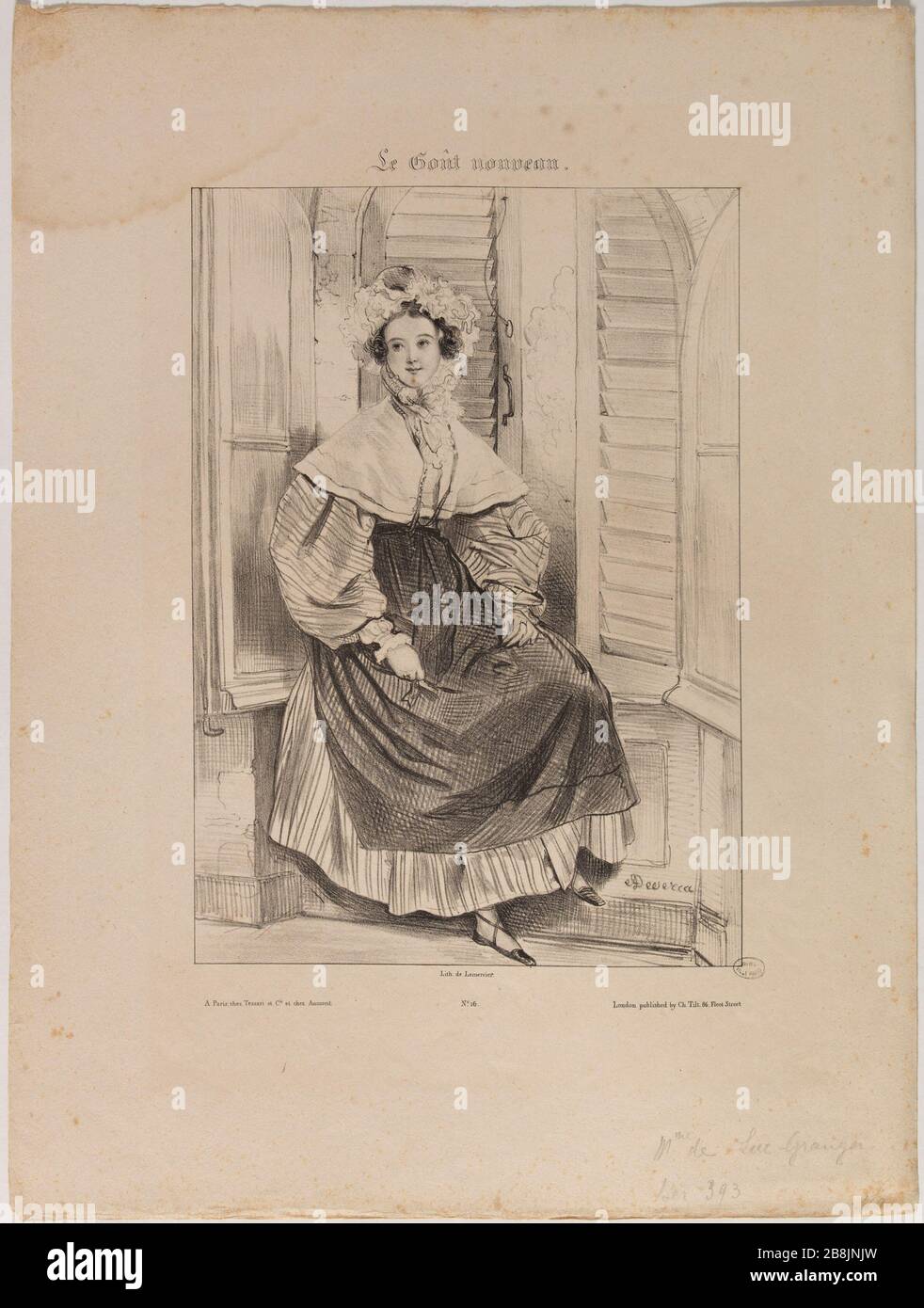 Der neue Geschmack: Verschiedene Motive aus der Natur. Miss Luke Grange Achille Devéria (1800-1857). Le Goût Nouveau : Motive variés pris d'après nature. Mlle de Luc Grange. Lithographie. 1831. Paris, Musée Carnavalet. Stockfoto
