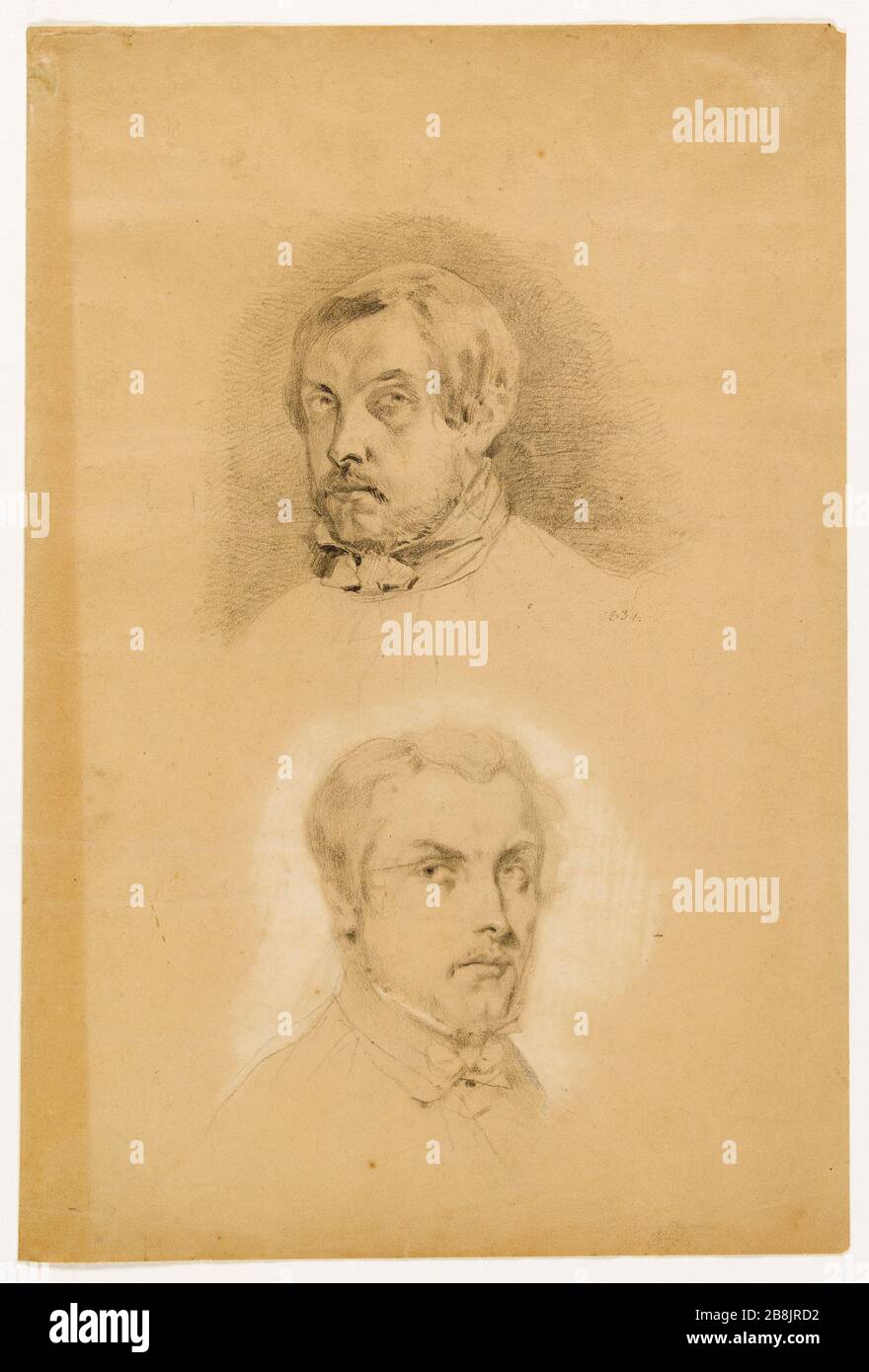 Zwei Porträts von Männern attribué à Achille Devéria (1800-1857), ou Eugène Devéria (1805-1865). Deux Portraits d'hommes. Crayon Graphit et rehauts de Pastell blanc. 1834. Paris, Maison de Victor Hugo. Stockfoto