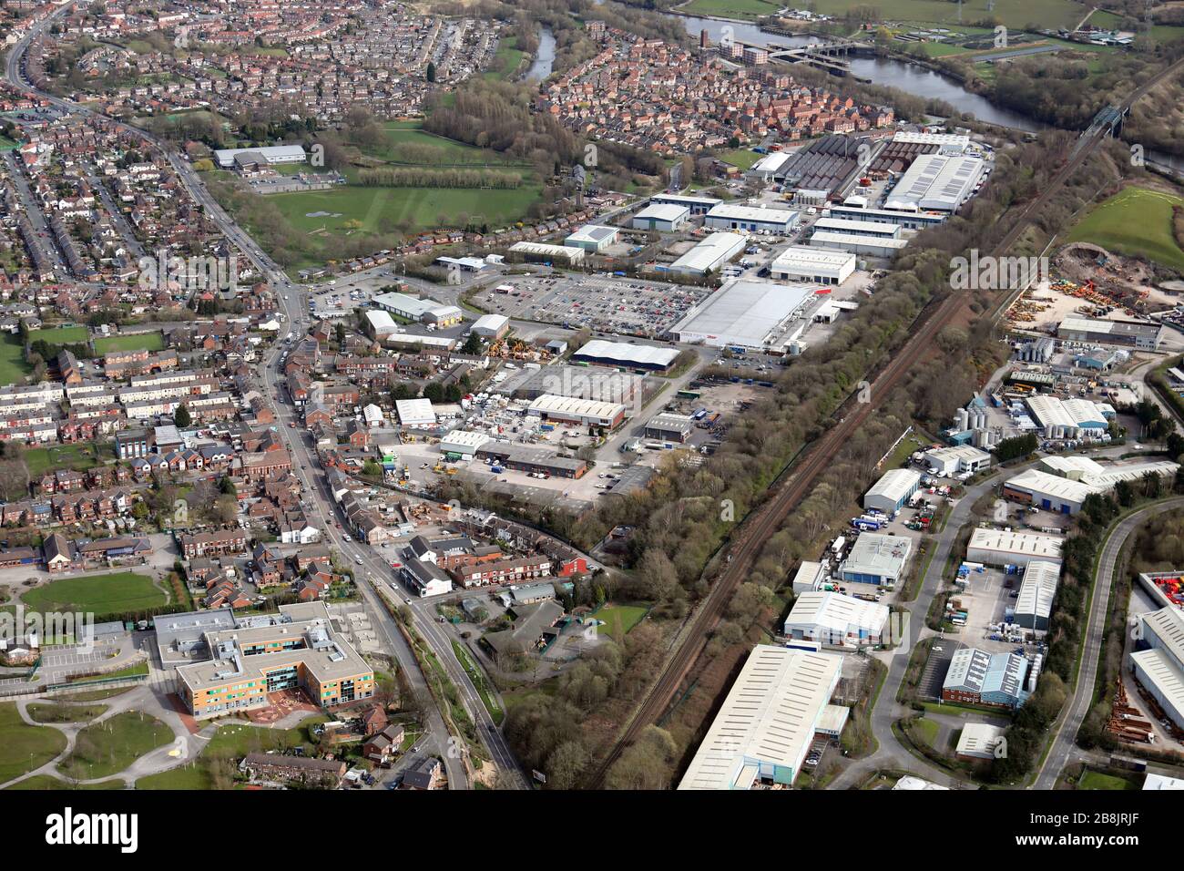 Luftaufnahme von Fairhills Business Park/Industrial Estate, Irlam, Manchester Stockfoto