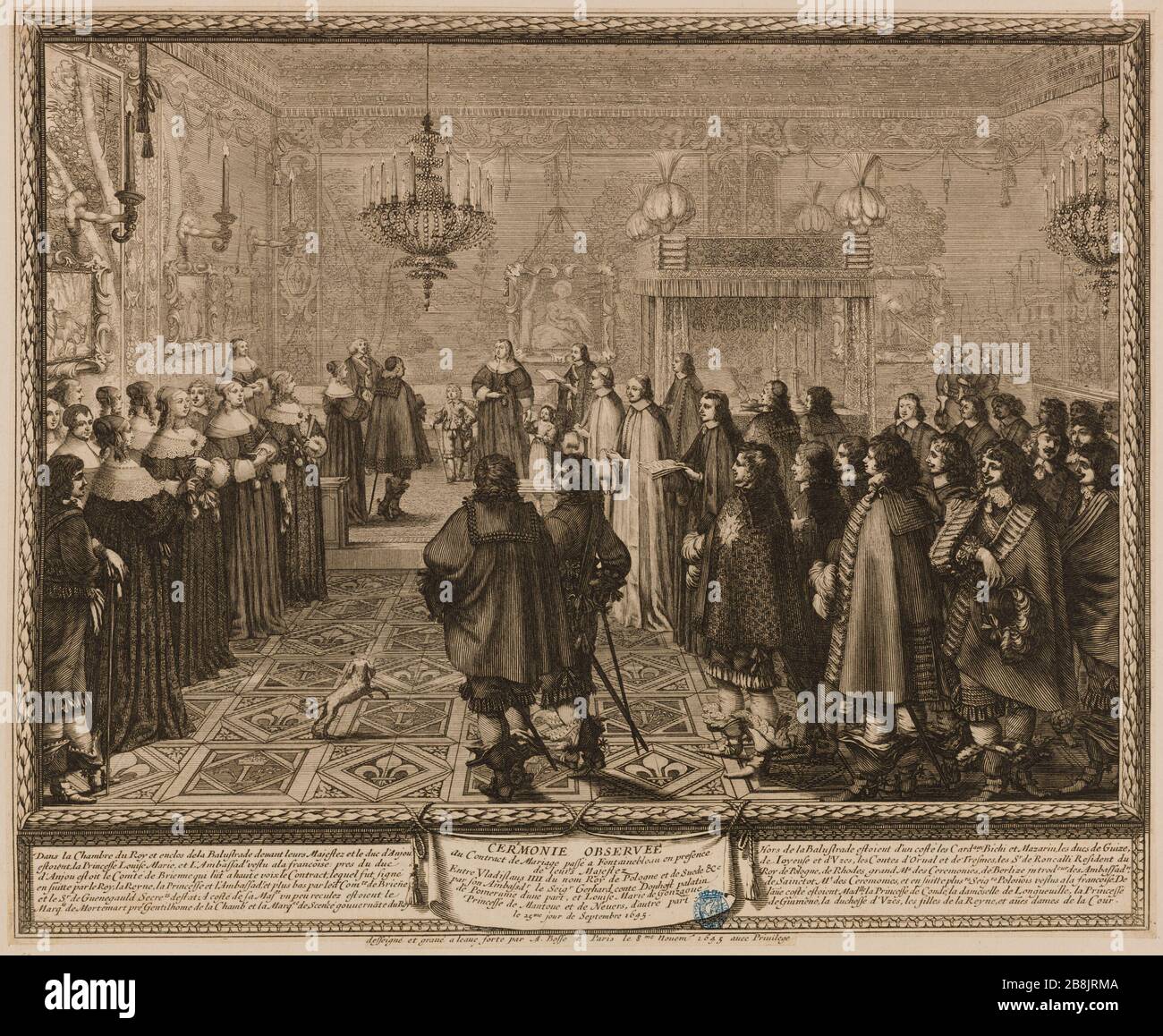 Zeremonie in Fontainebleau in Anwesenheit ihrer Majestät zwischen dem dritten Vladislavi-Namen, dem König von Polen und Schweden, vertreten durch seinen Botschafter Fürst Graf Gerhard Donhost, Pfalz von Pomerania, auf der einen Seite, Und Louise Marie Gonzaga, Prinzessin von Mantua und Nevers, andererseits der 25. September 1645 (Dutuit Seite 64) Abraham Bosse (1602-1676). "Cérémonie observée au contrat de mariage passé à Fontainebleau, en présence de leurs majestés, entre Vladislas 3ème du nom, roi de Pologne et de Suède, représenté par son ambassadeur le seigneur Gerhard Co Stockfoto